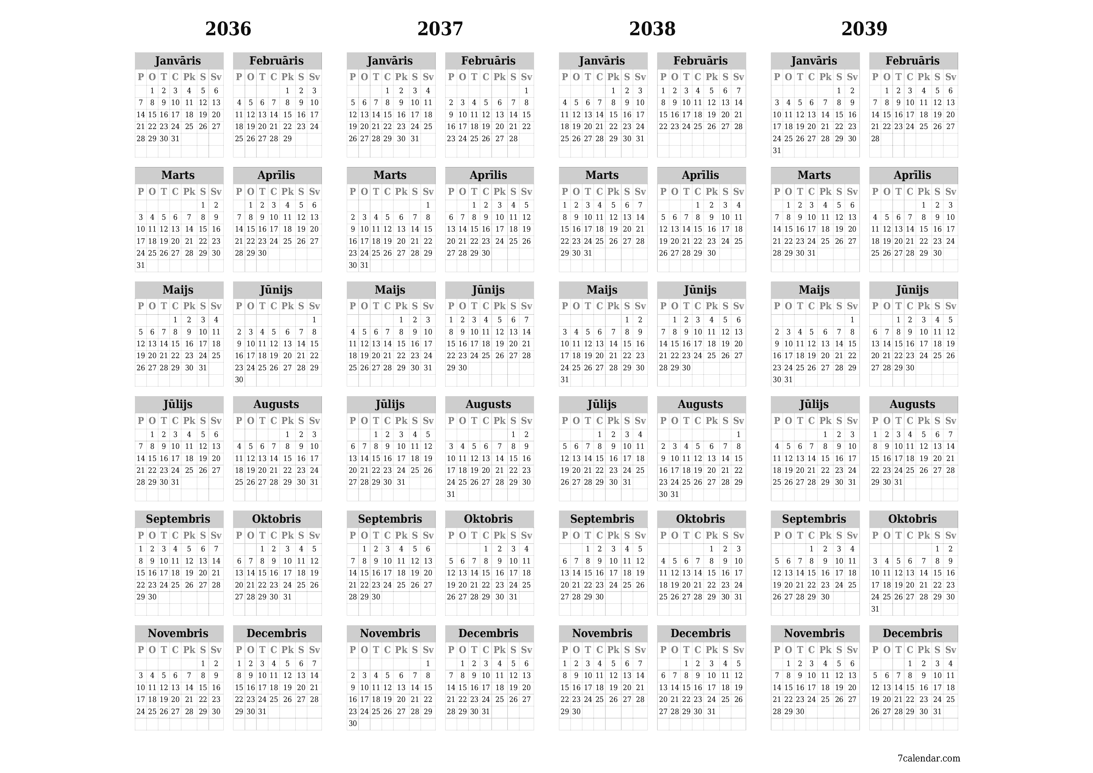 Tukšs gada plānotāja kalendārs gadam 2036, 2037, 2038, 2039 ar piezīmēm, saglabāšana un izdrukāšana PDF formātā PNG Latvian
