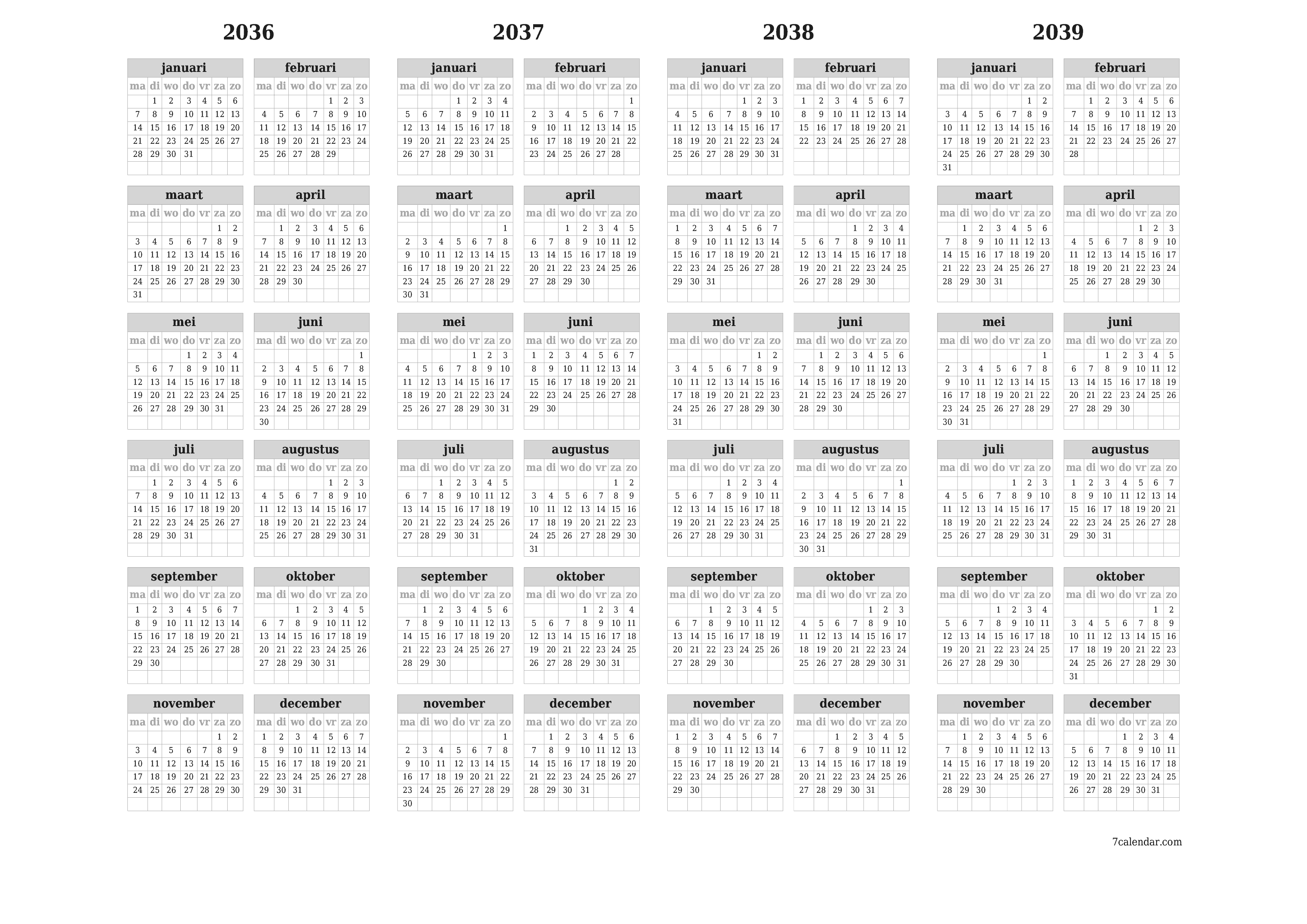 Lege jaarplanningskalender voor het jaar 2036, 2037, 2038, 2039 met notities, opslaan en afdrukken naar pdf PNG Dutch