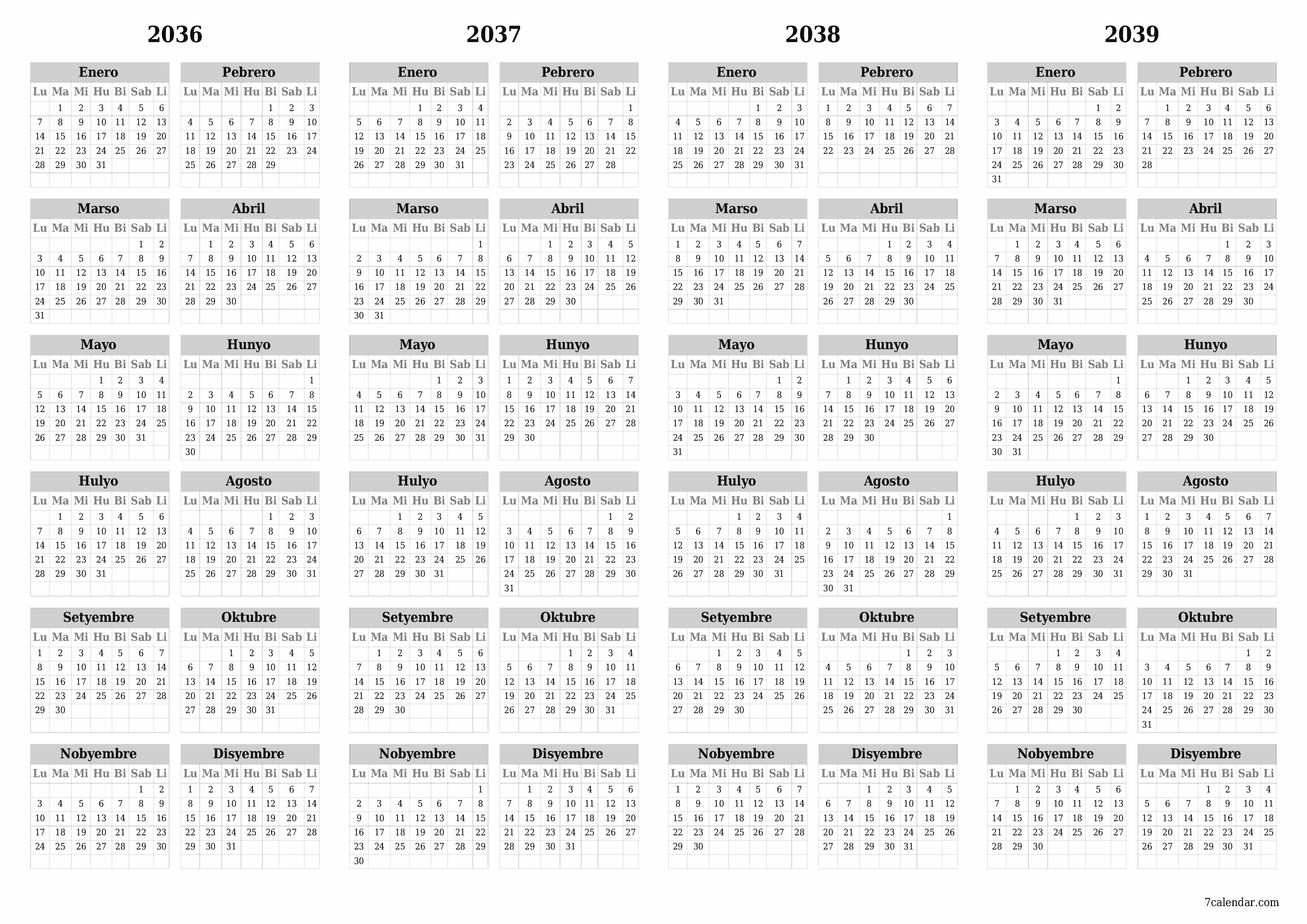 Walang laman ang taunang kalendaryo ng tagaplano para sa taong 2036, 2037, 2038, 2039 na may mga tala, i-save at i-print sa PDF PNG Filipino