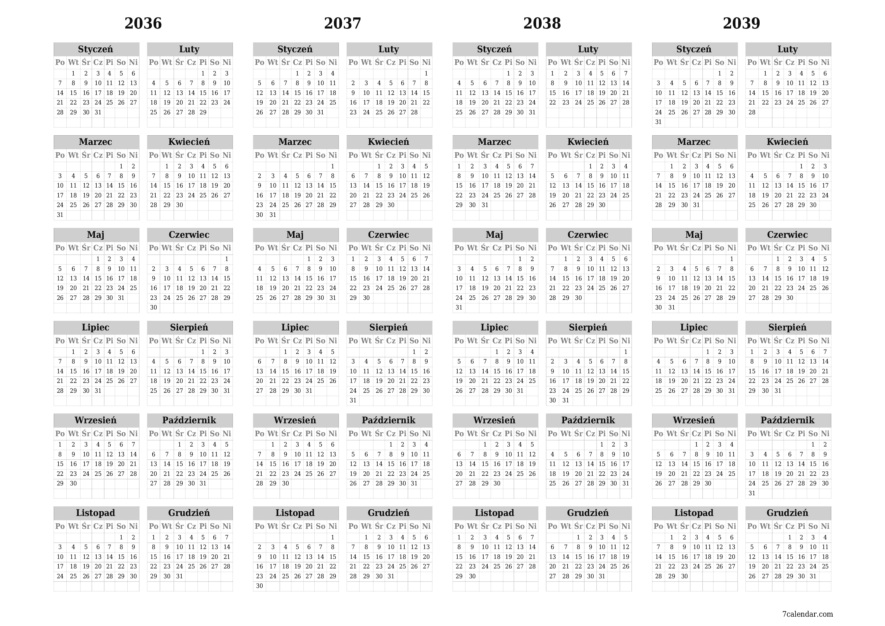 Opróżnij kalendarz rocznego planowania na rok 2036, 2037, 2038, 2039 z notatkami, zapisz i wydrukuj w formacie PDF PNG Polish