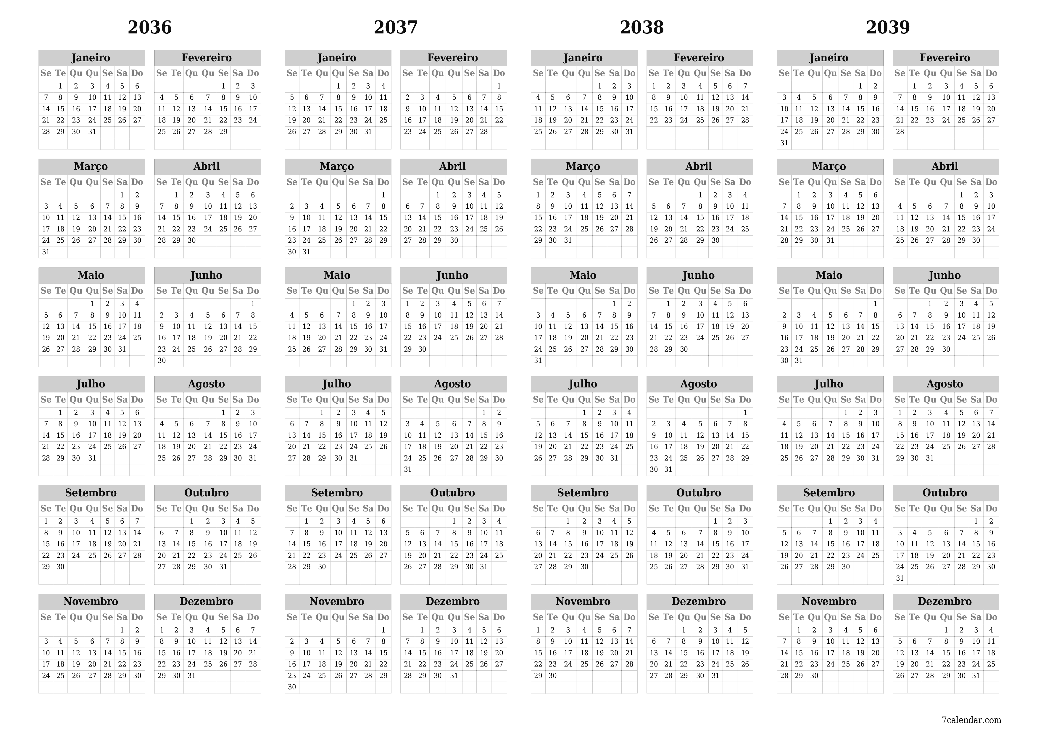 Calendário de planejador anual vazio para o ano 2036, 2037, 2038, 2039 com notas, salve e imprima em PDF PNG Portuguese