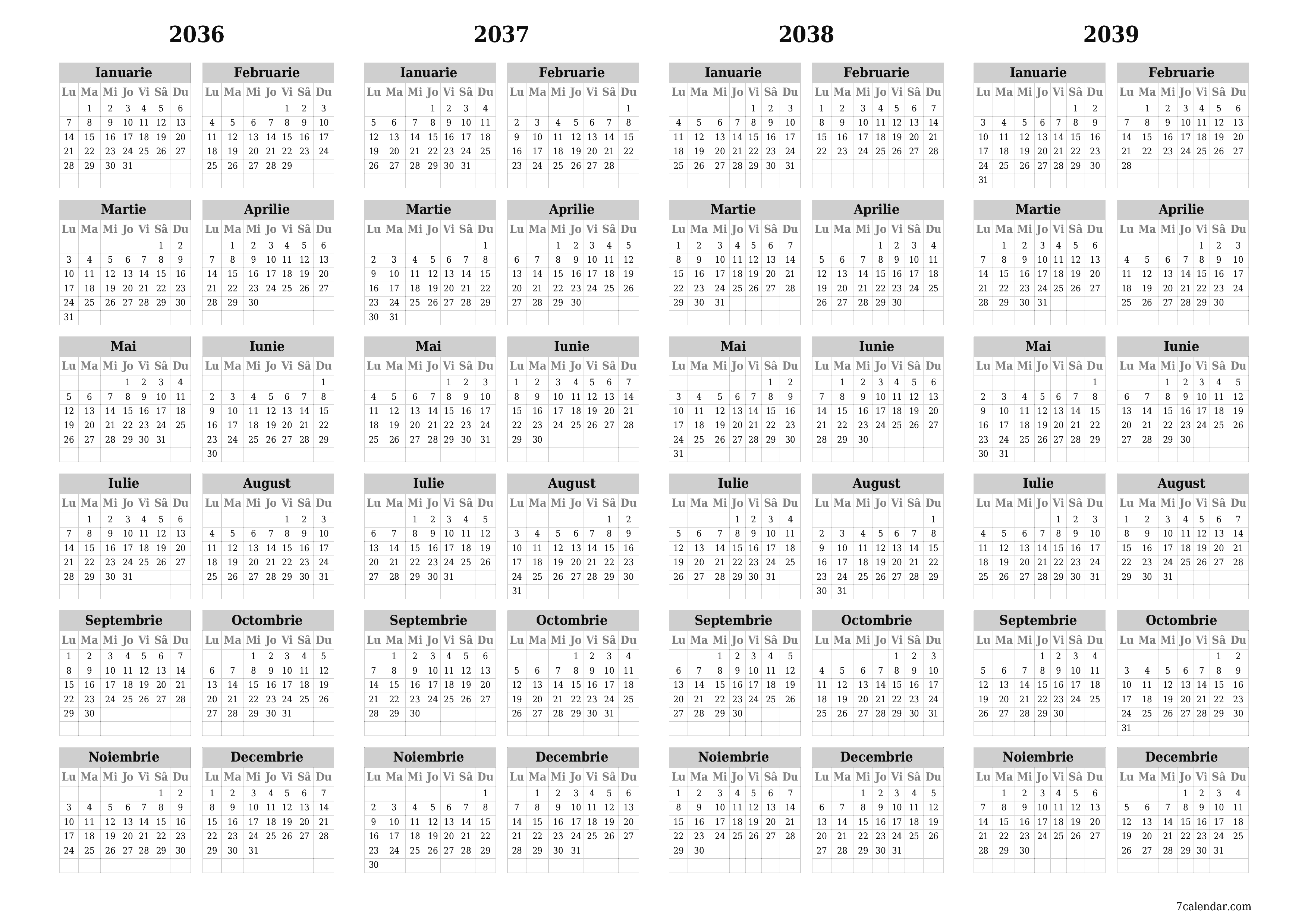 Goliți calendarul anual al planificatorului pentru anul 2036, 2037, 2038, 2039 cu note, salvați și tipăriți în PDF PNG Romanian