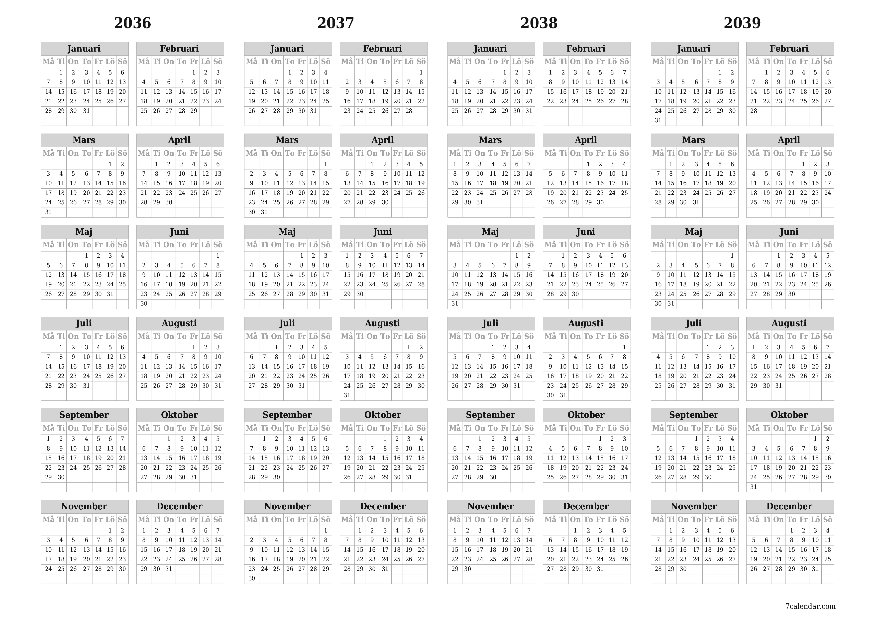 Tom årlig planeringskalender för året 2036, 2037, 2038, 2039 med anteckningar, spara och skriv ut till PDF PNG Swedish