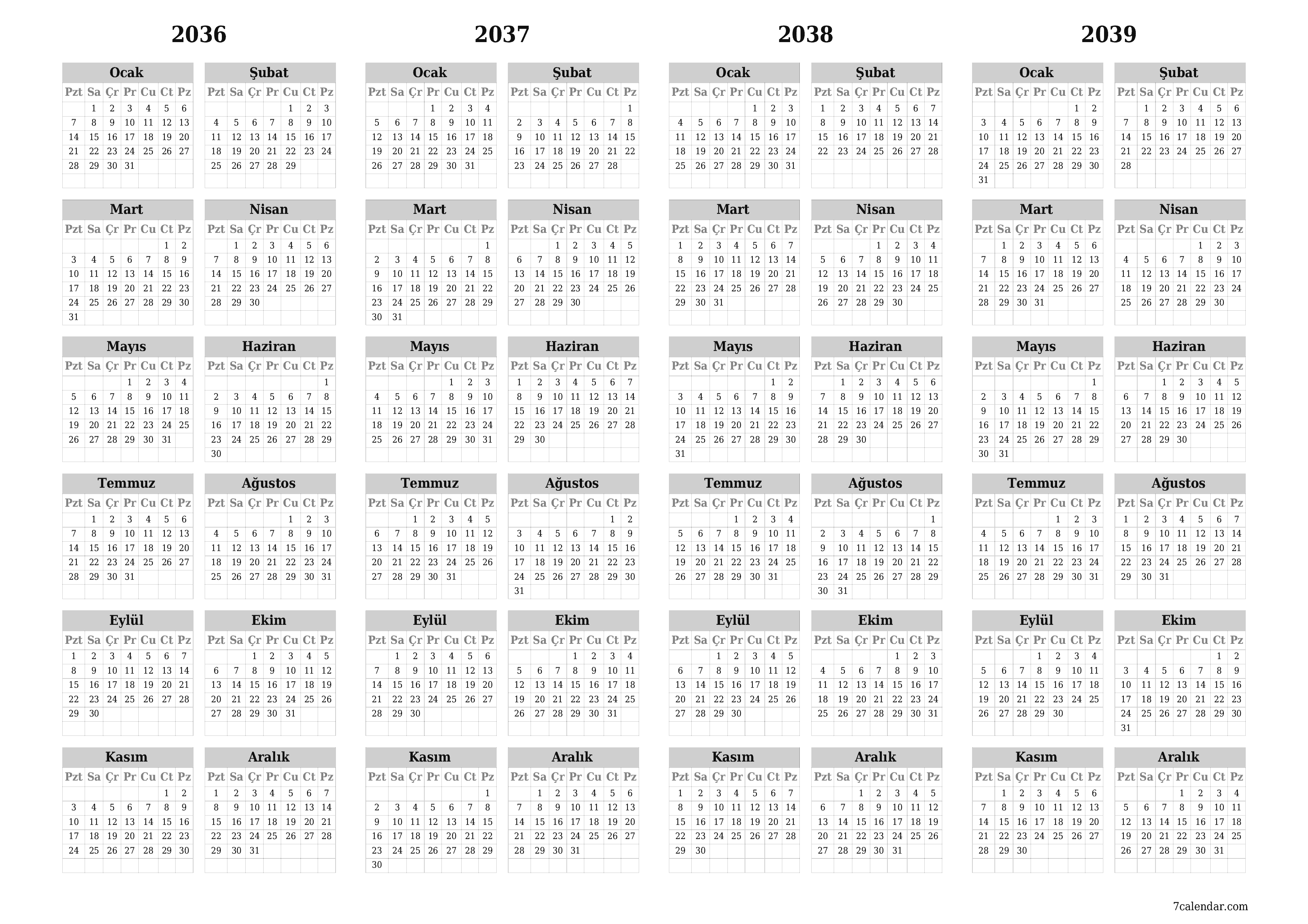 Notlarla 2036, 2037, 2038, 2039 yıl için yıllık planlayıcı takvimini boşaltın, kaydedin ve PDF olarak yazdırın PNG Turkish