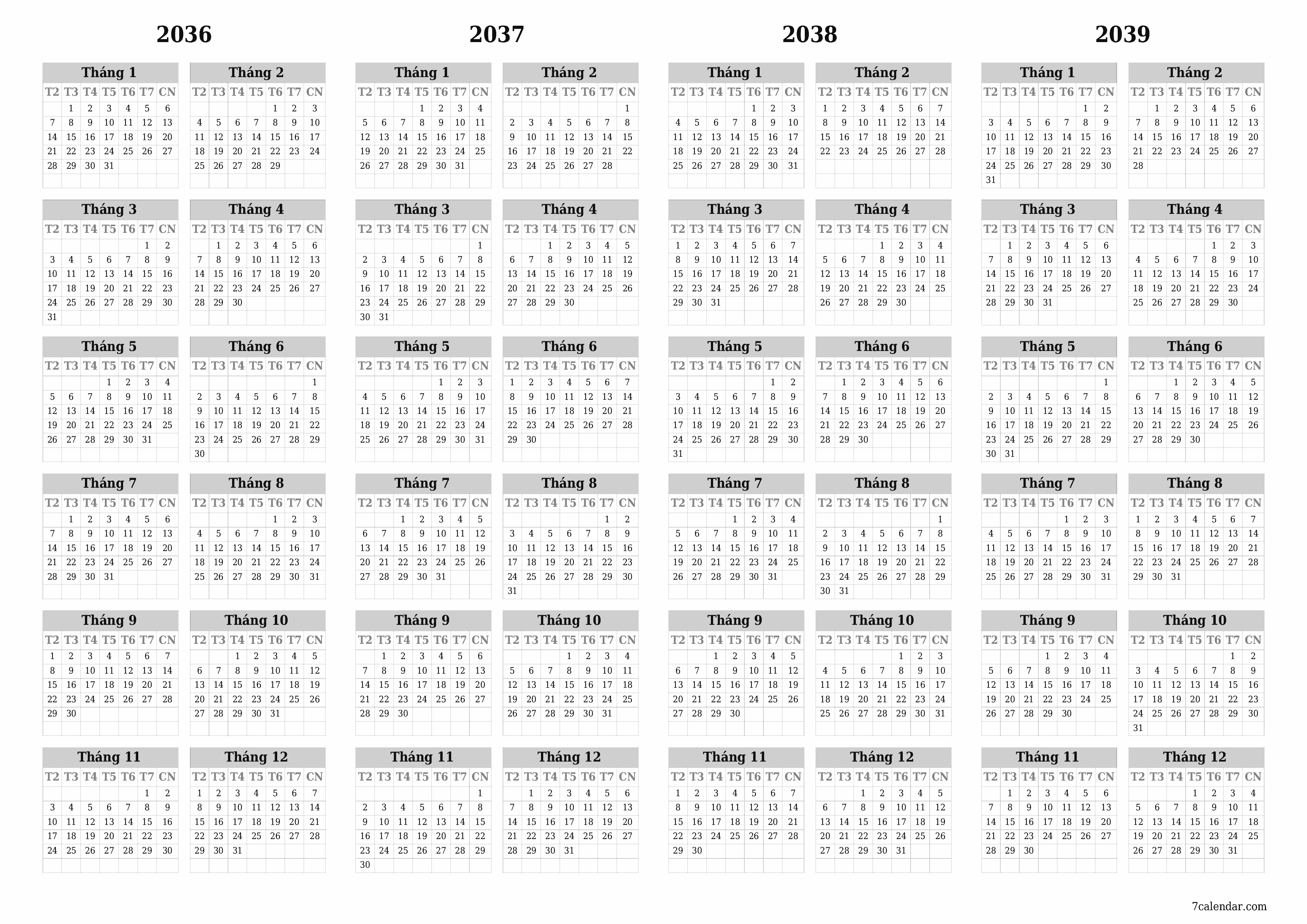 Lịch kế hoạch hàng năm trống cho năm 2036, 2037, 2038, 2039 có ghi chú, lưu và in sang PDF PNG Vietnamese