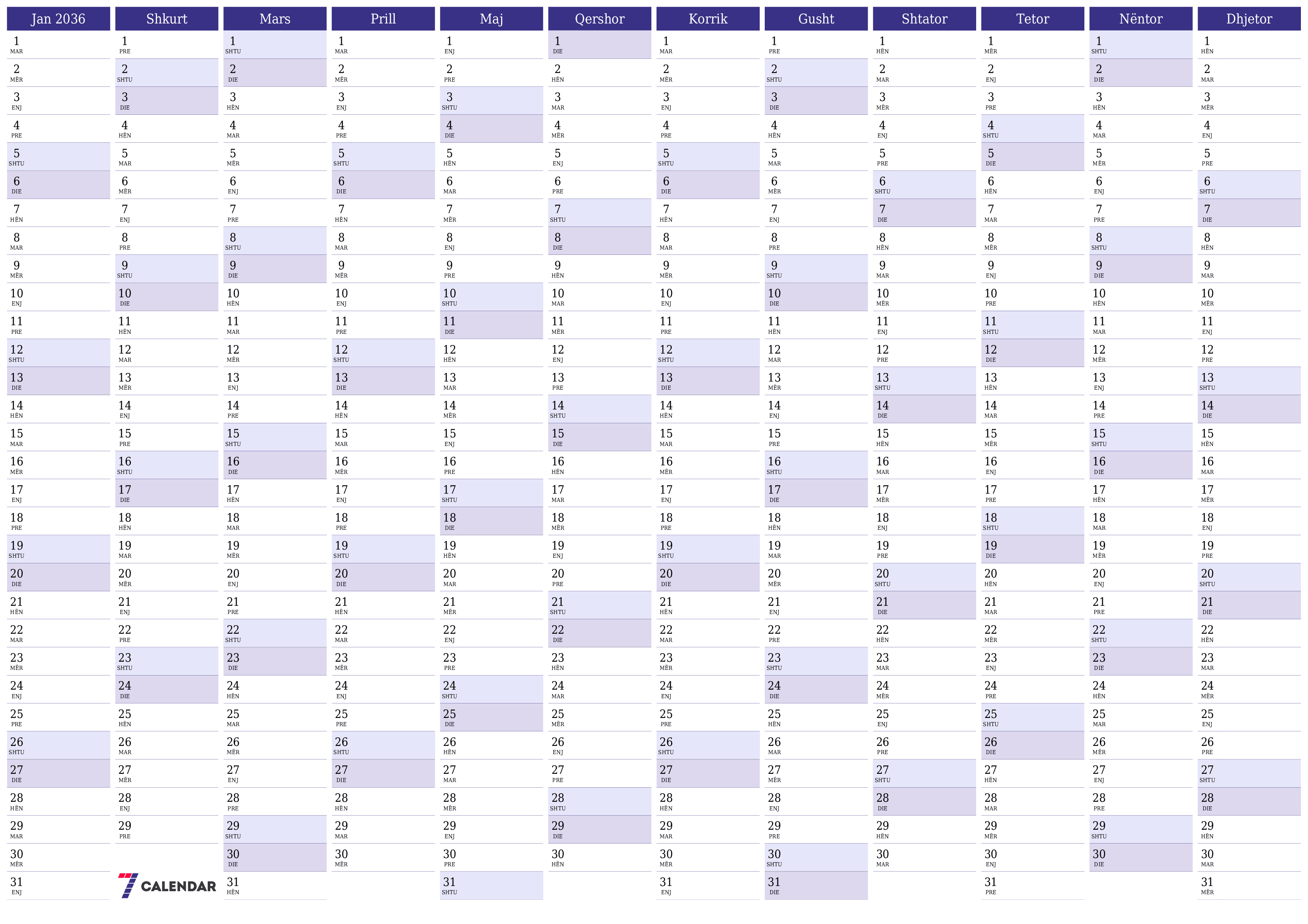 Planifikuesi bosh i kalendarit vjetor për vitin 2036 me shënime, ruani dhe printoni në PDF PNG Albanian