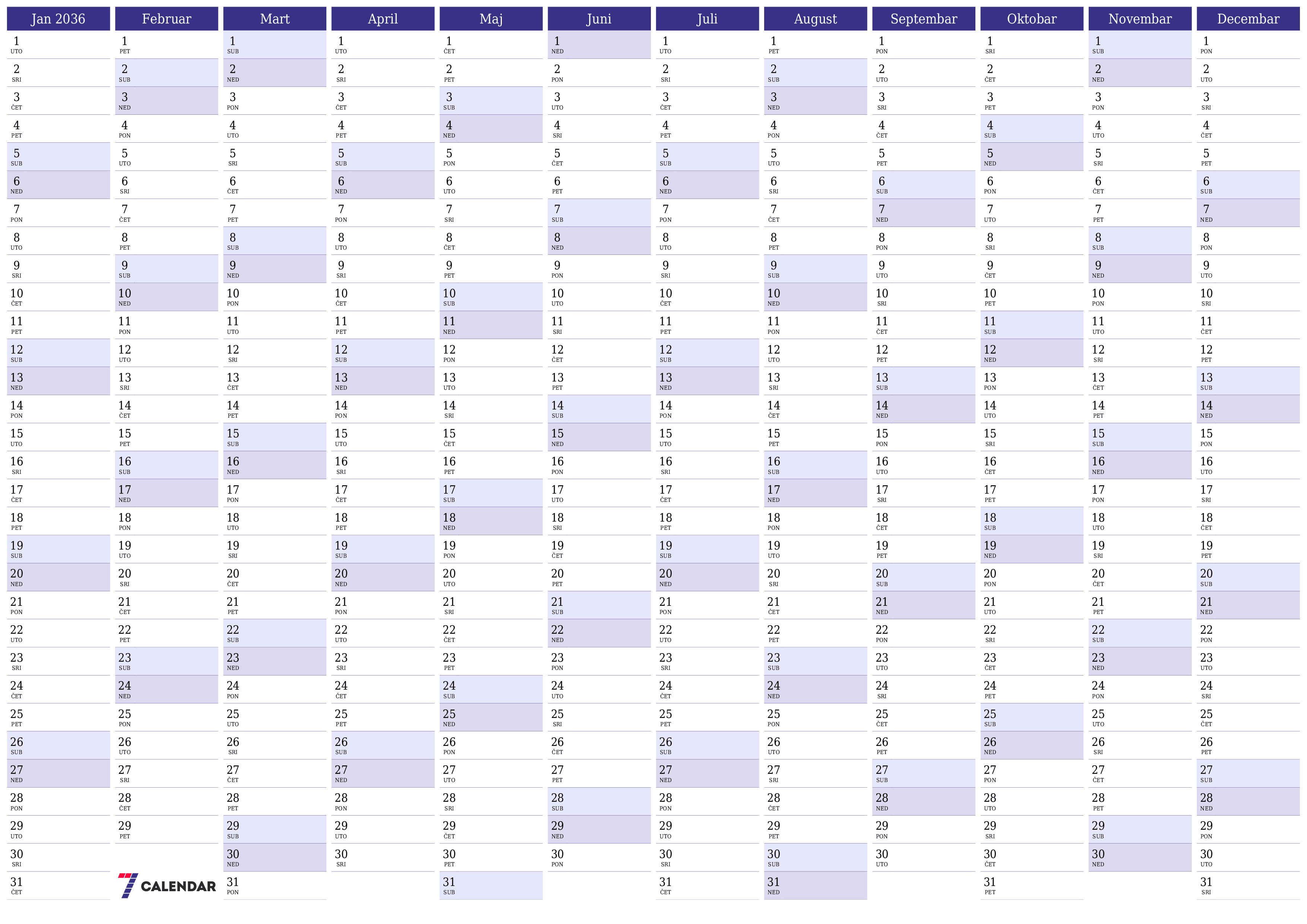 Ispraznite godišnji kalendar planera za godinu 2036 s bilješkama, spremite i ispišite u PDF PNG Bosnian