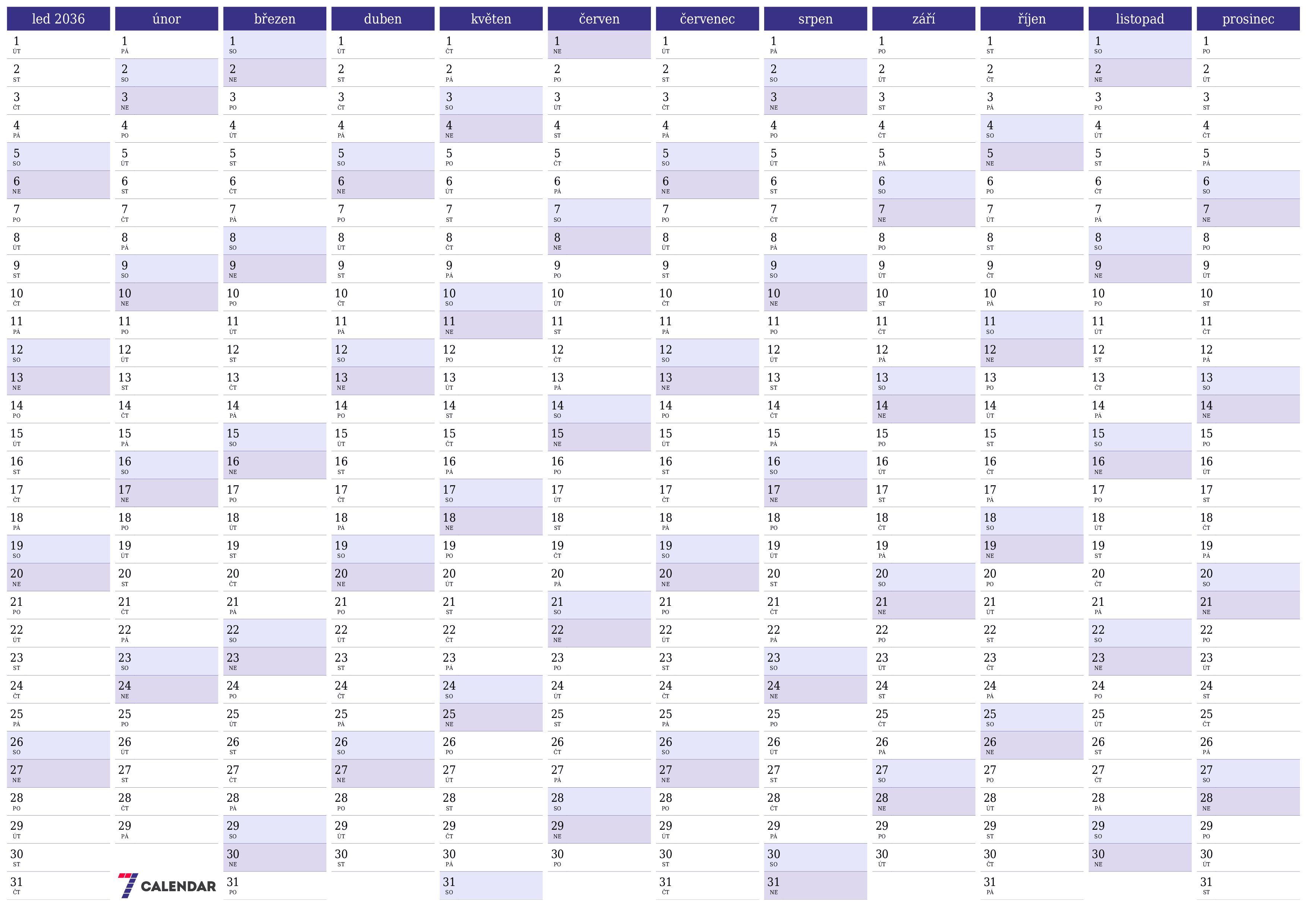 Prázdný roční kalendář plánovače pro rok 2036 s poznámkami, uložením a tiskem do PDF PNG Czech