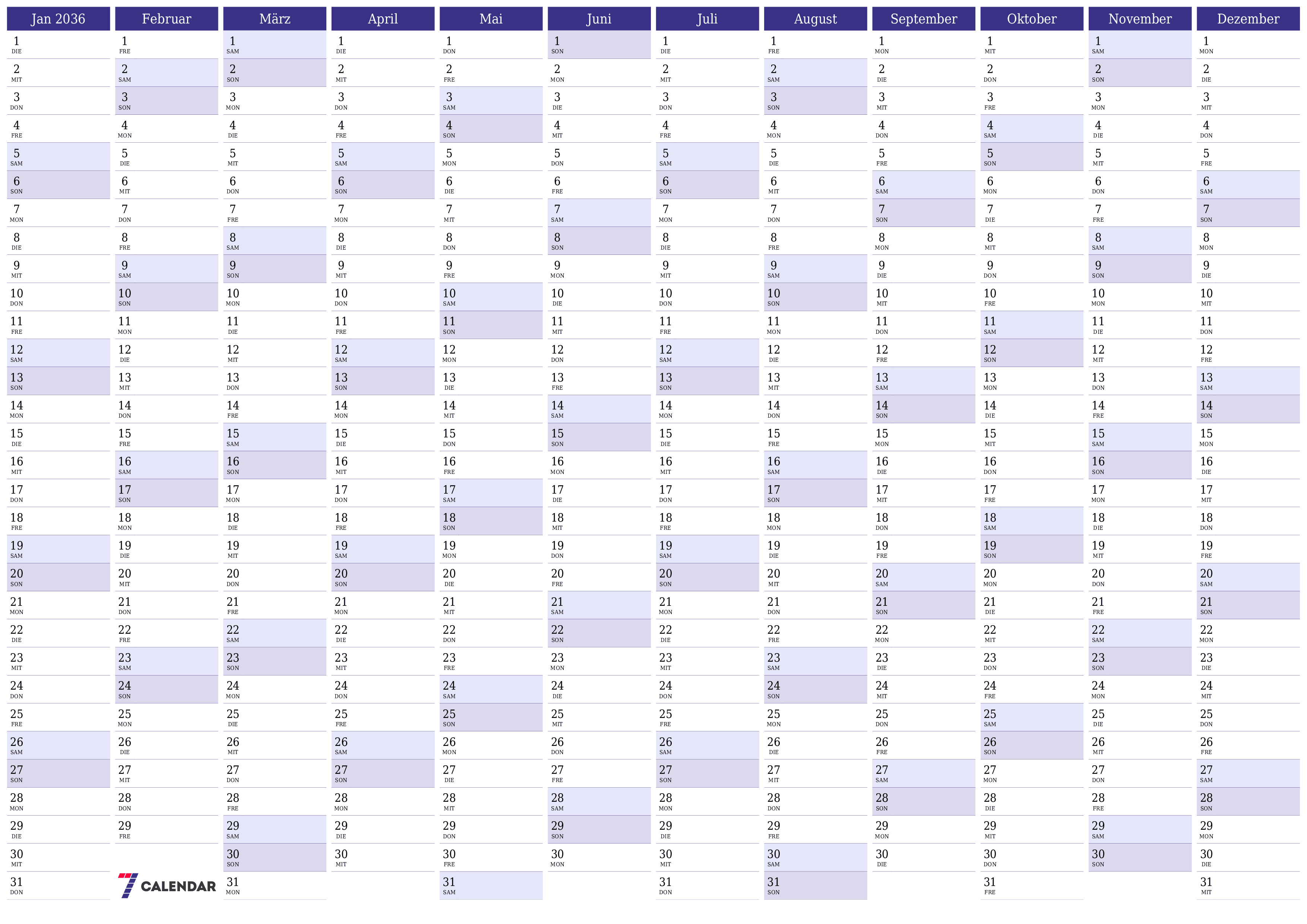 Jahresplanerkalender für das Jahr 2036 mit Notizen leeren, speichern und als PDF PNG German - 7calendar.com drucken