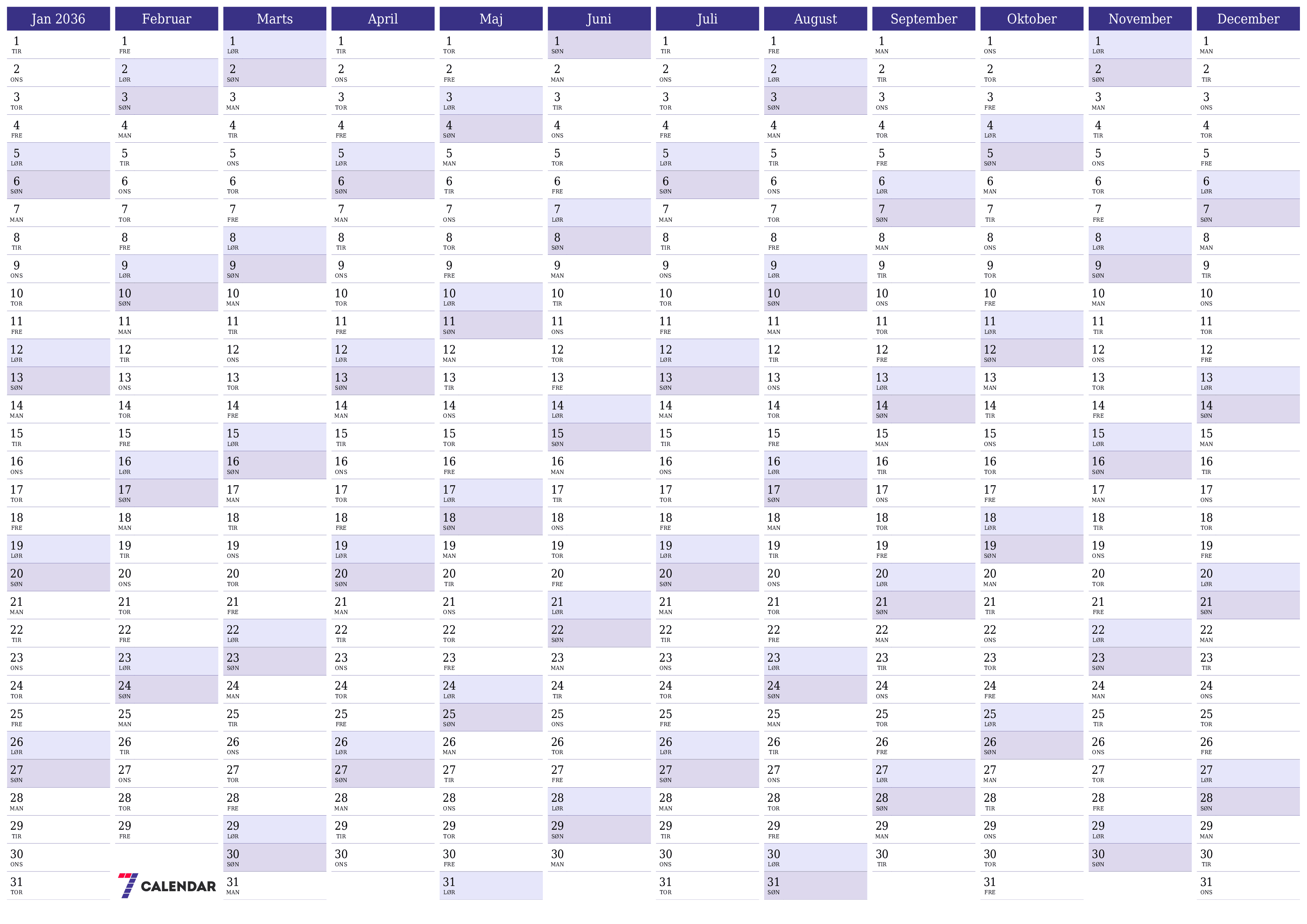 Tom årlig planlægningskalender for året 2036 med noter, gem og udskriv til PDF PNG Danish