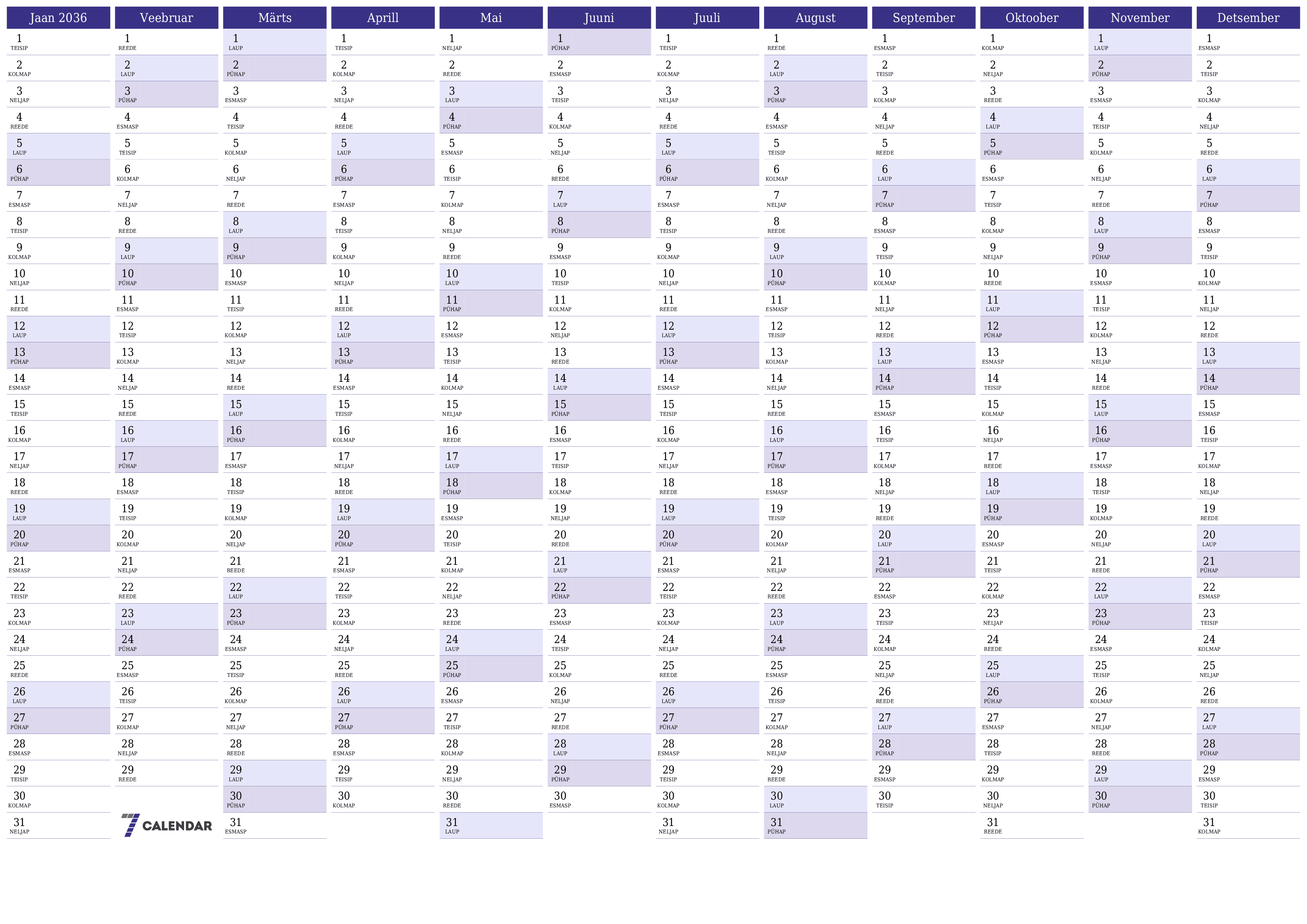 Tühi aasta planeerija kalender aastaks 2036 koos märkmetega, salvestage ja printige PDF-i PNG Estonian