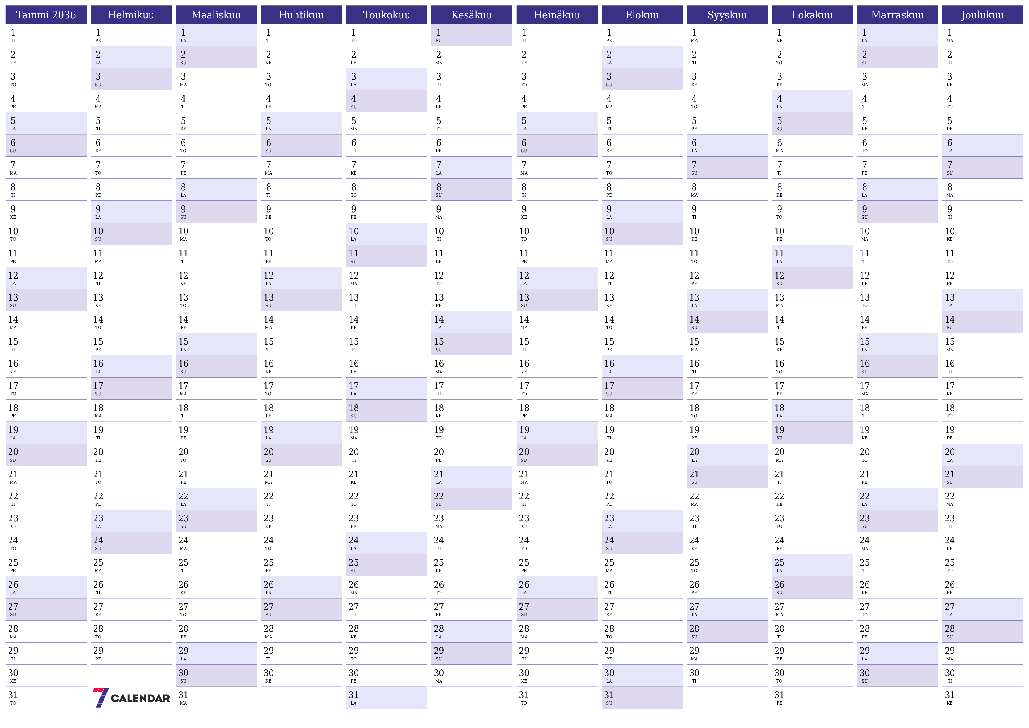 Tyhjä vuosisuunnittelukalenteri vuodelle 2036 muistiinpanoilla, tallenna ja tulosta PDF-muotoon PNG Finnish