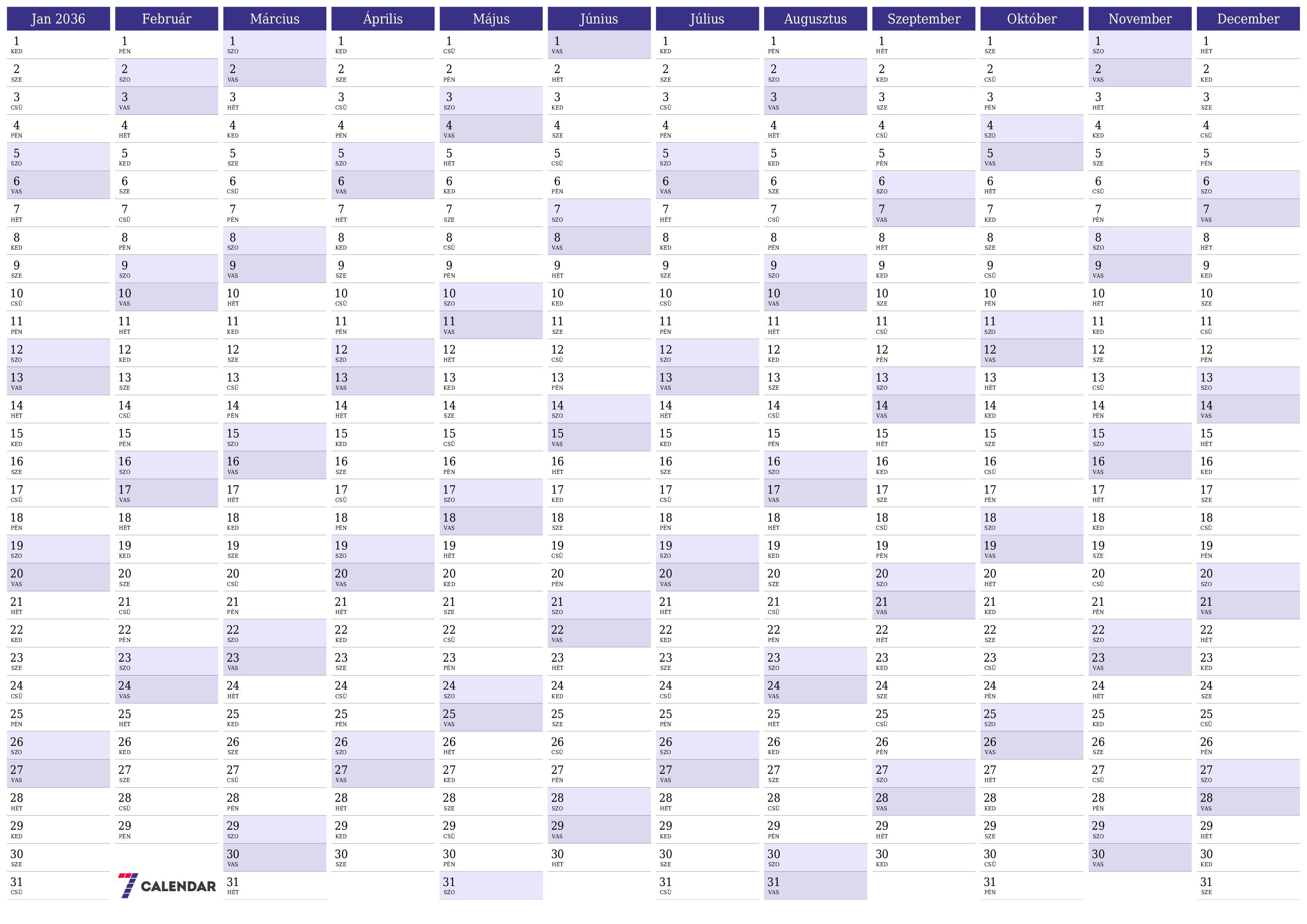 Üres éves tervezői naptár az évre 2036 jegyzetekkel, mentés és nyomtatás PDF-be PNG Hungarian