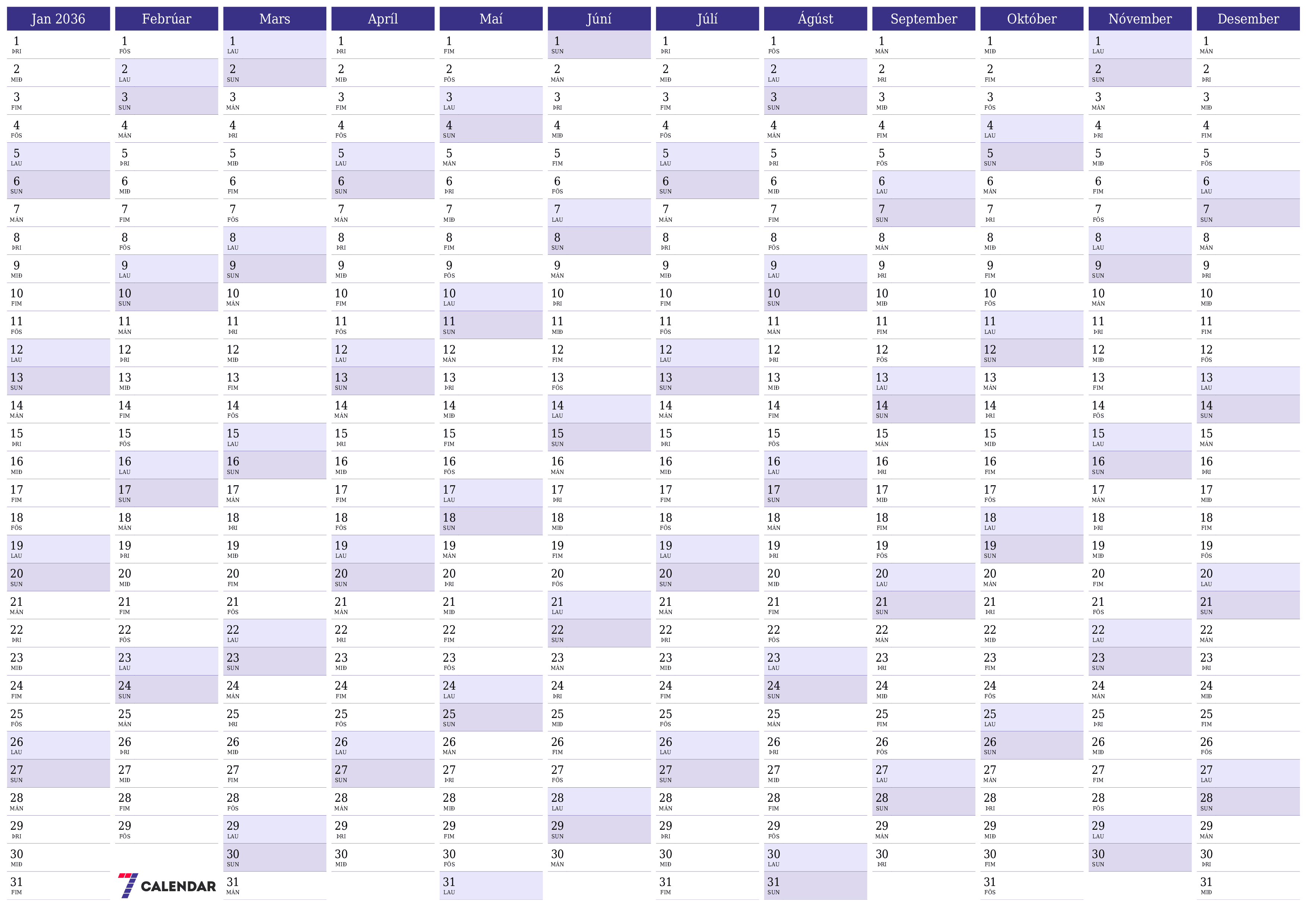 Tómt árlegt dagatal skipuleggjanda fyrir árið 2036 með athugasemdum, vista og prenta á PDF PNG Icelandic