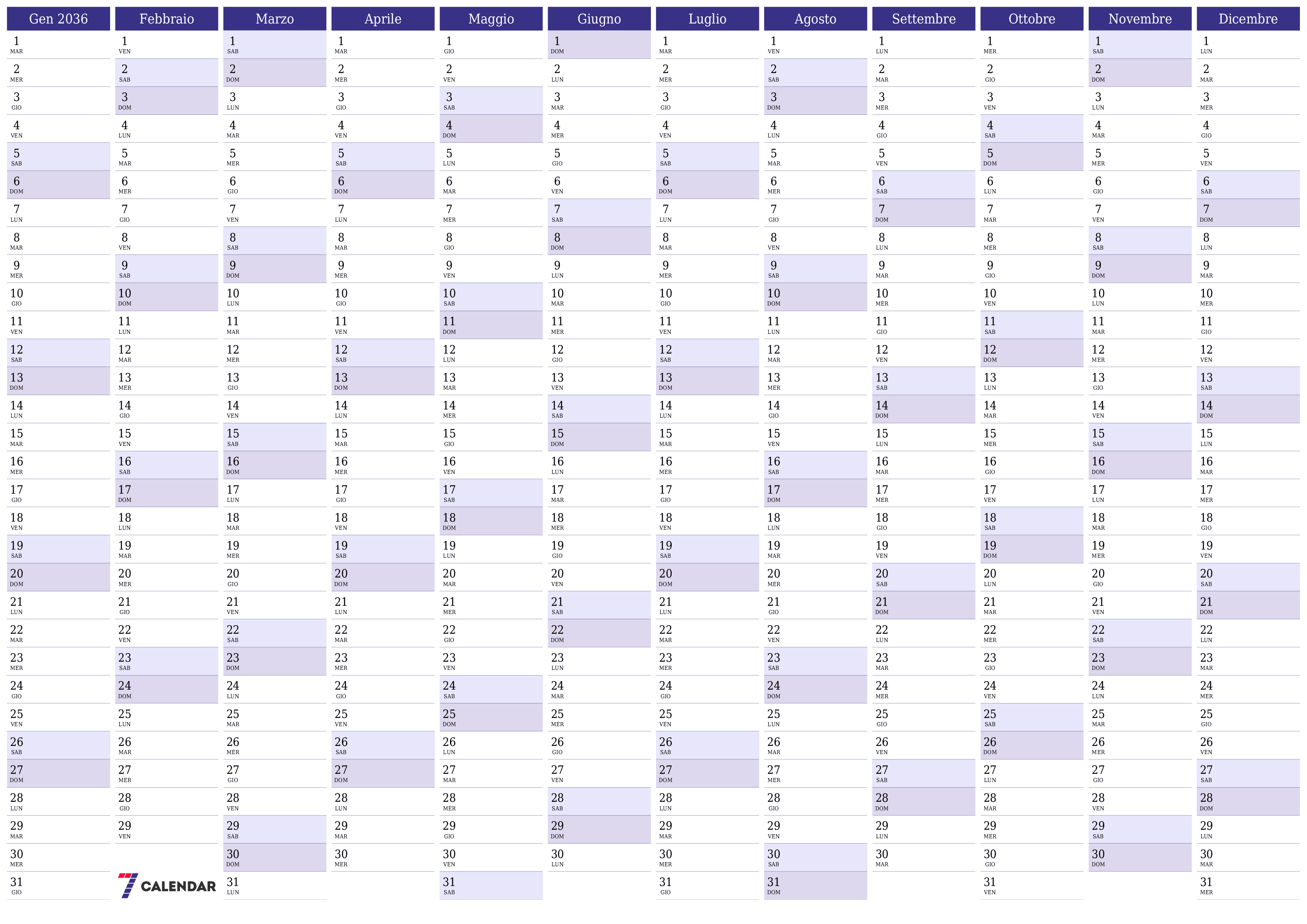 Calendario pianificatore annuale vuoto per l'anno 2036 con note, salva e stampa in PDF PNG Italian