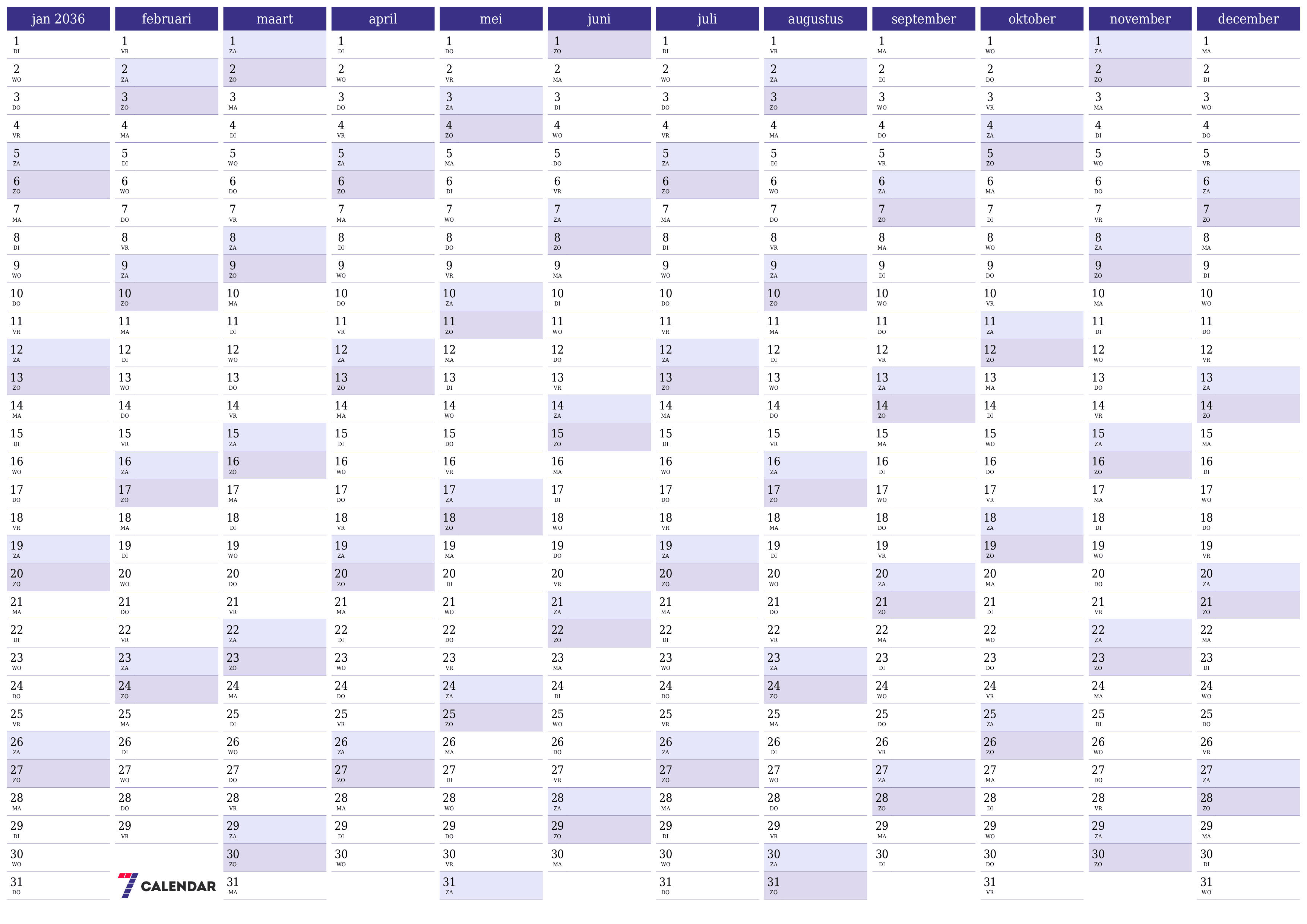 Lege jaarplanningskalender voor het jaar 2036 met notities, opslaan en afdrukken naar pdf PNG Dutch