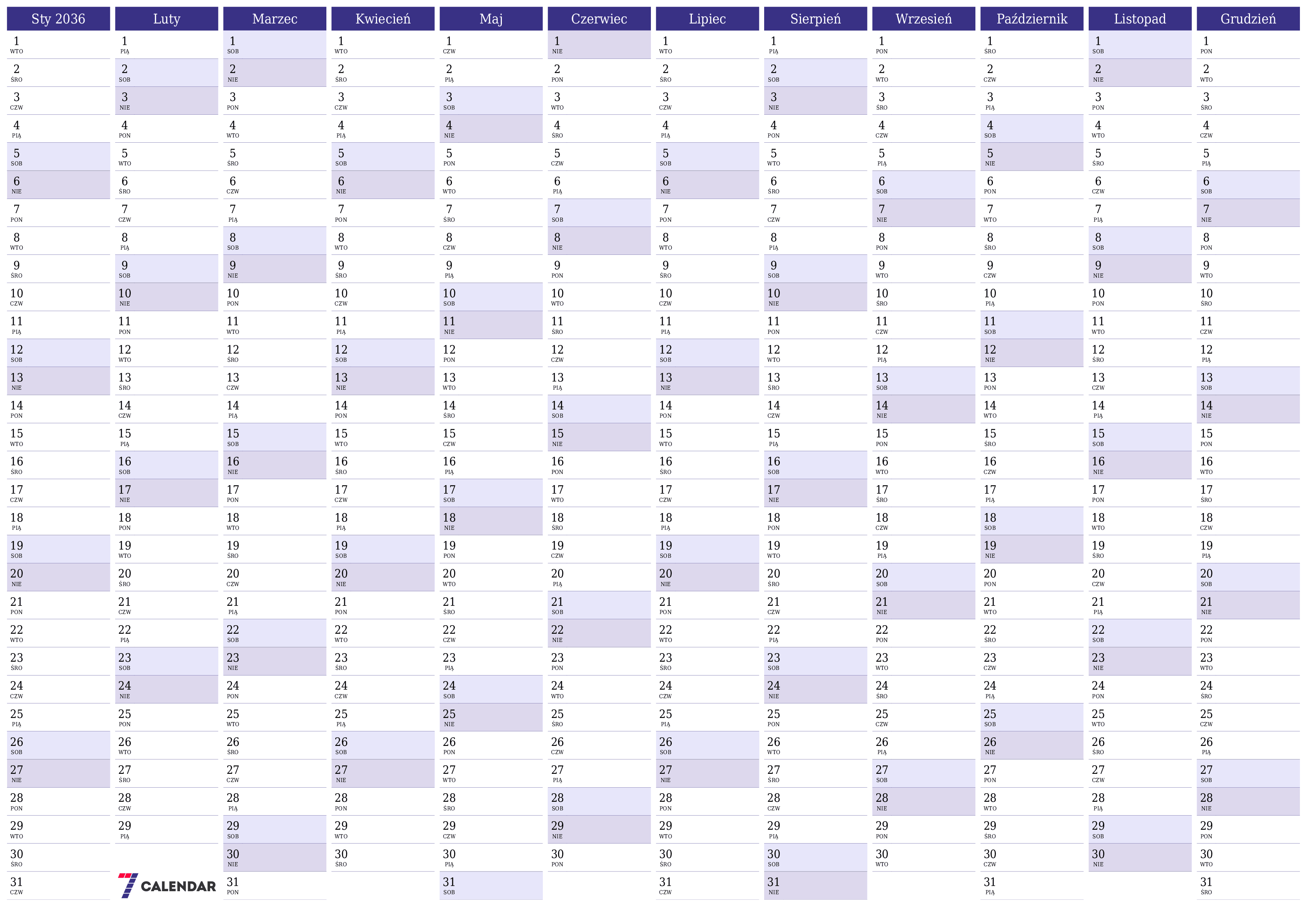 Opróżnij kalendarz rocznego planowania na rok 2036 z notatkami, zapisz i wydrukuj w formacie PDF PNG Polish