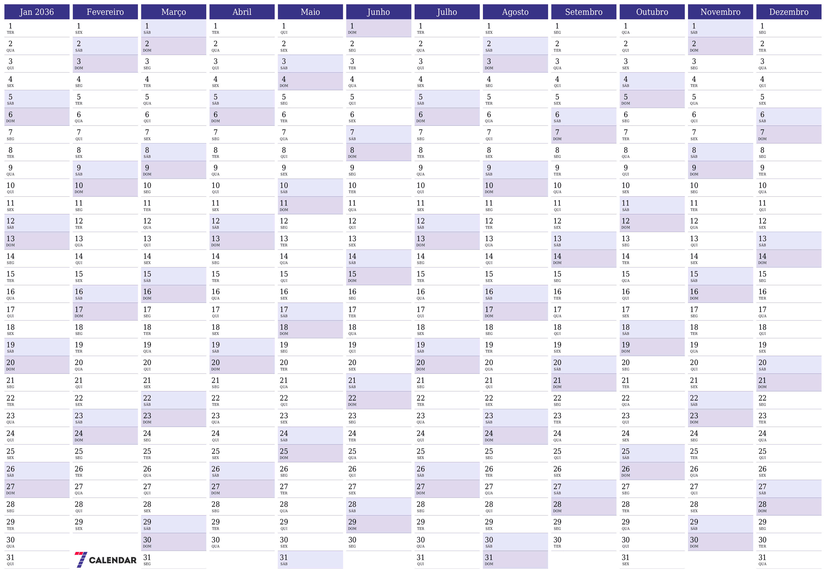 Calendário de planejador anual vazio para o ano 2036 com notas, salve e imprima em PDF PNG Portuguese