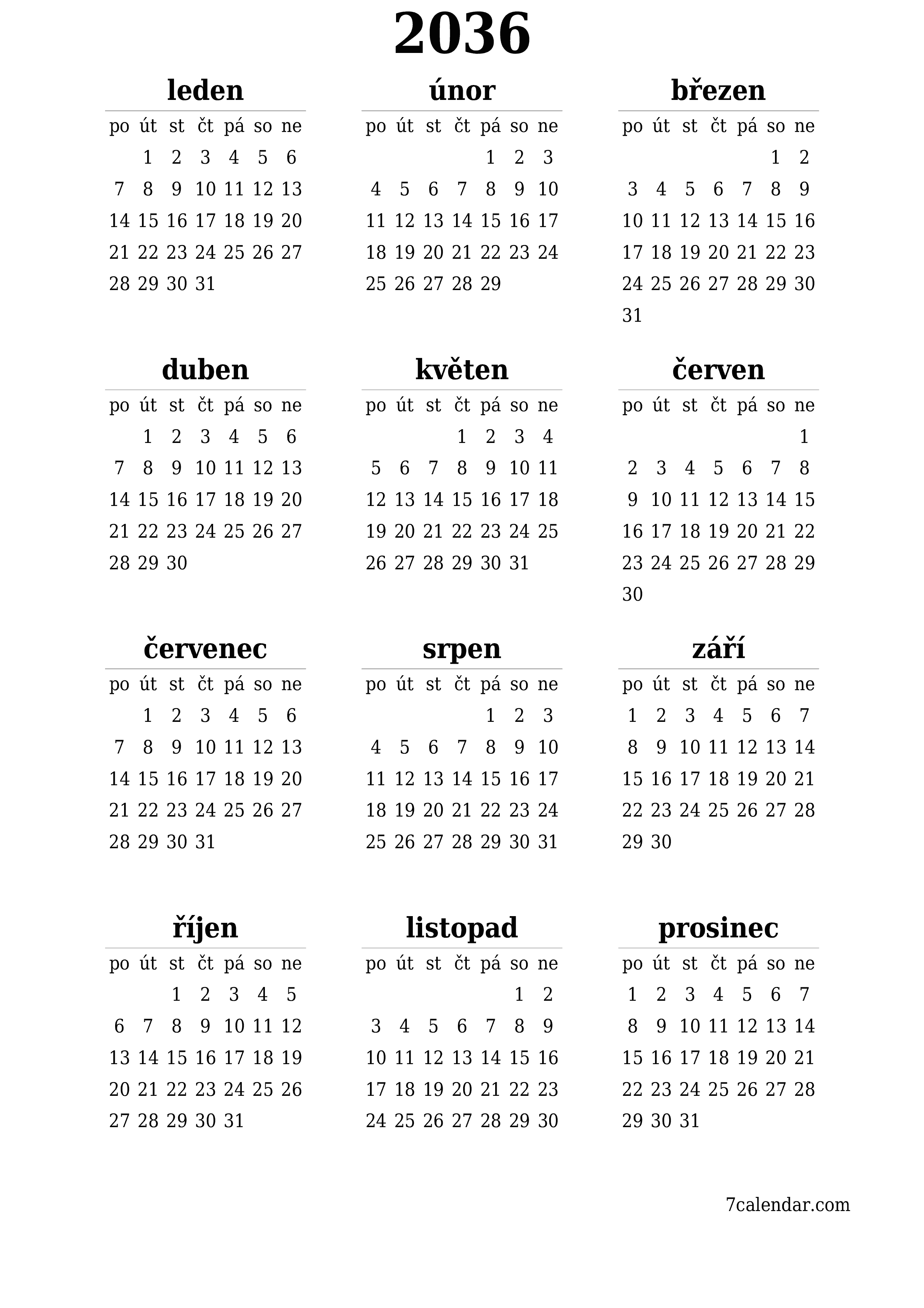  pro tisk nástěnný šablona e zdarmavertikální Roční kalendář červen (čvn) 2036