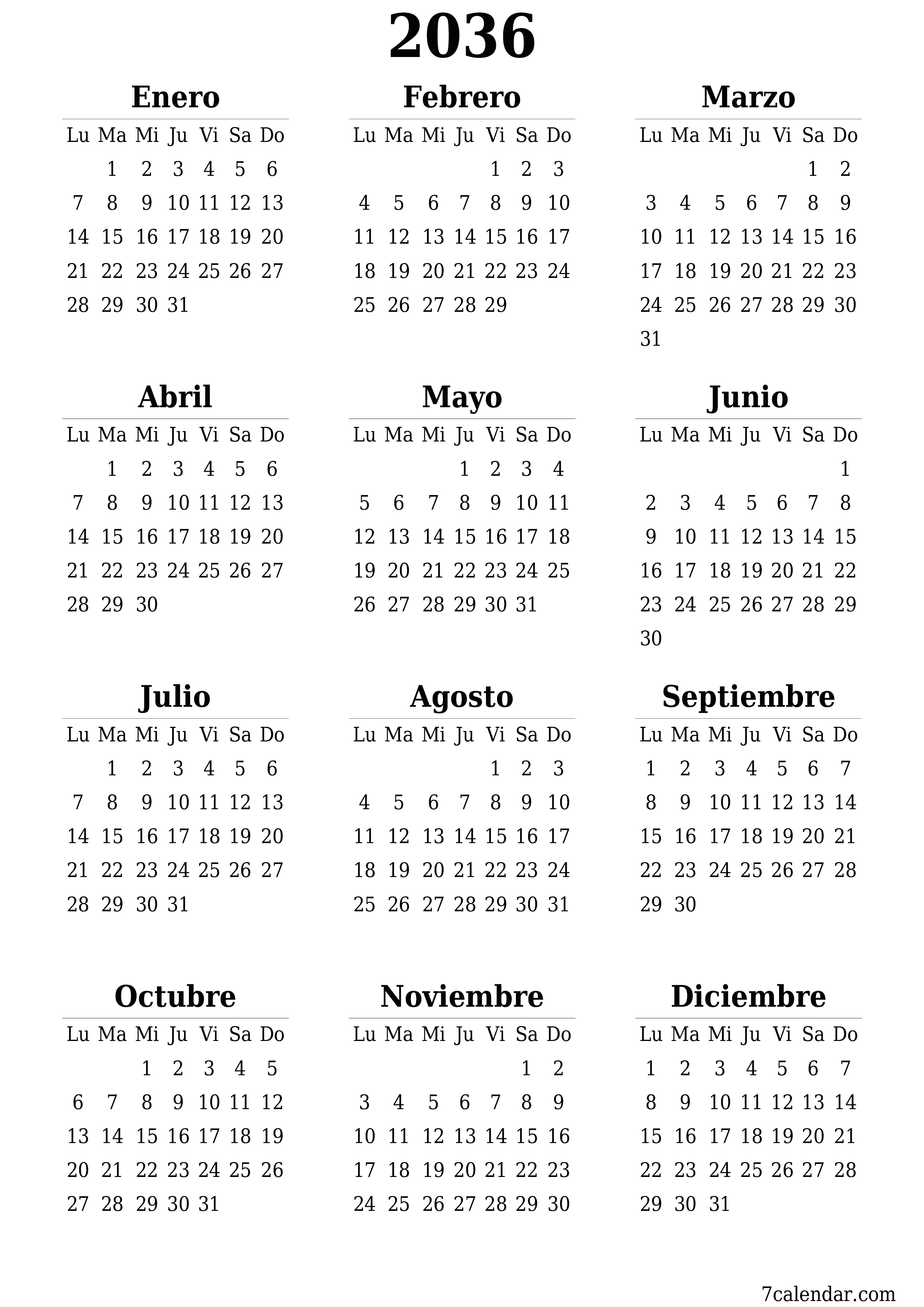 Calendario planificador anual vacío para el año 2036 con notas, guardar e imprimir en PDF PNG Spanish