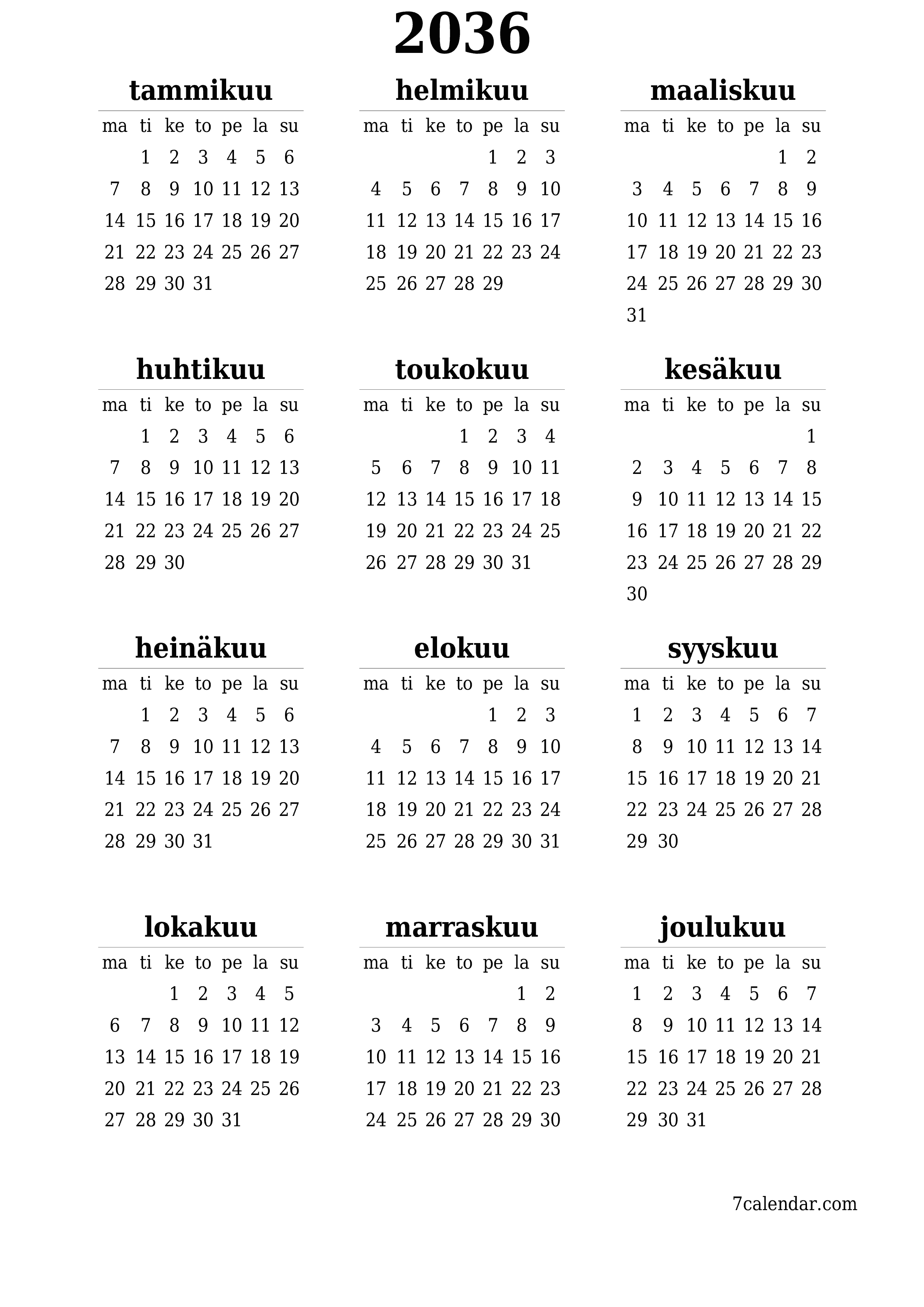 Tyhjä vuosisuunnittelukalenteri vuodelle 2036 muistiinpanoilla, tallenna ja tulosta PDF-muotoon PNG Finnish