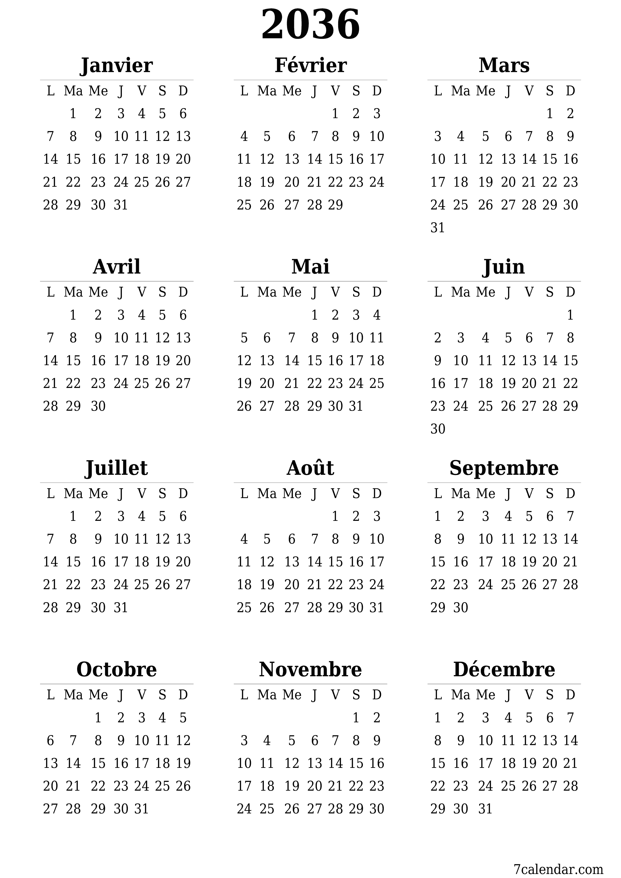 Calendrier annuel vide pour l'année 2036 avec notes, enregistrer et imprimer au format PDF PNG French