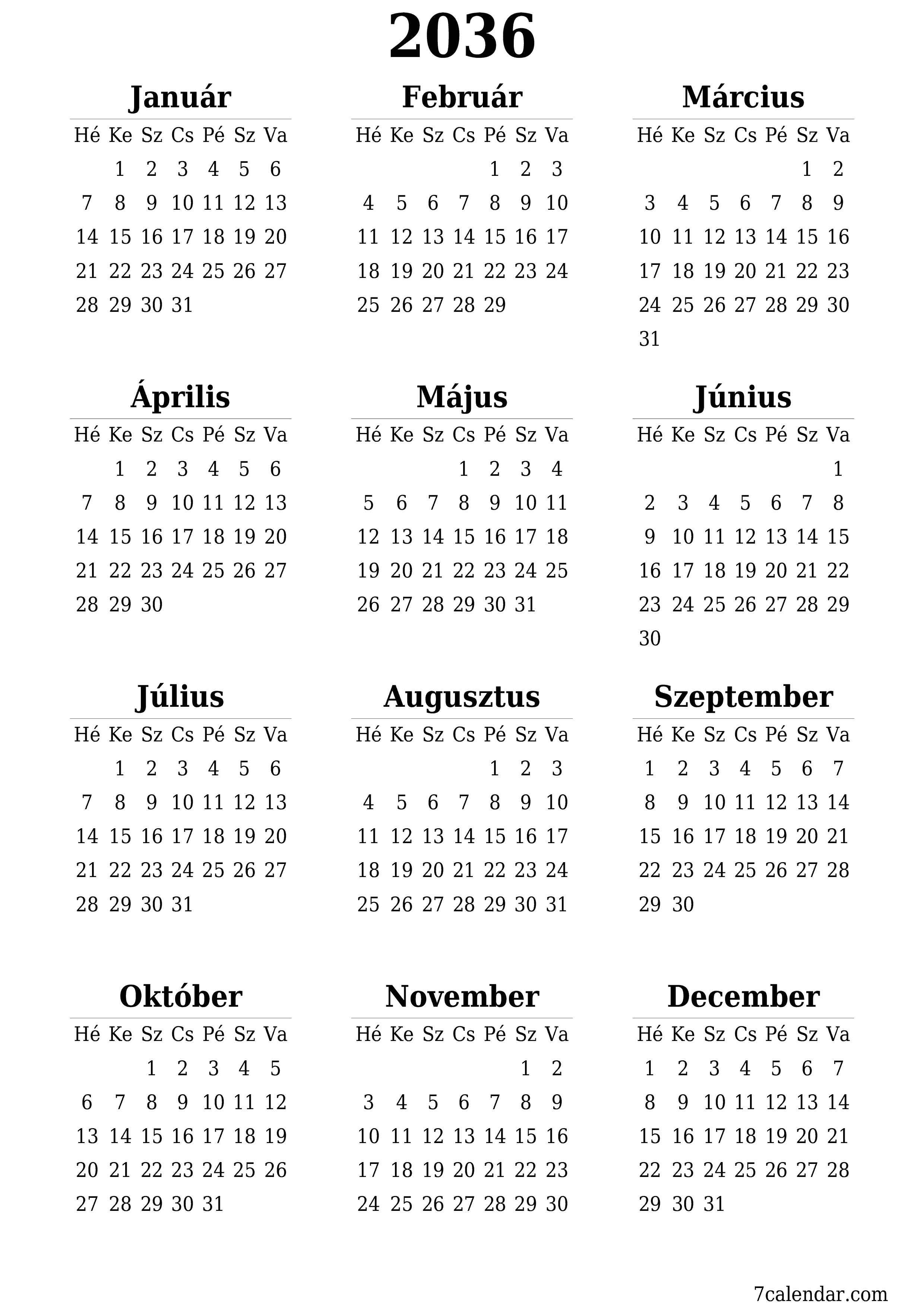 nyomtatható fali sablon ingyenes függőleges Éves naptár Június (Jún) 2036