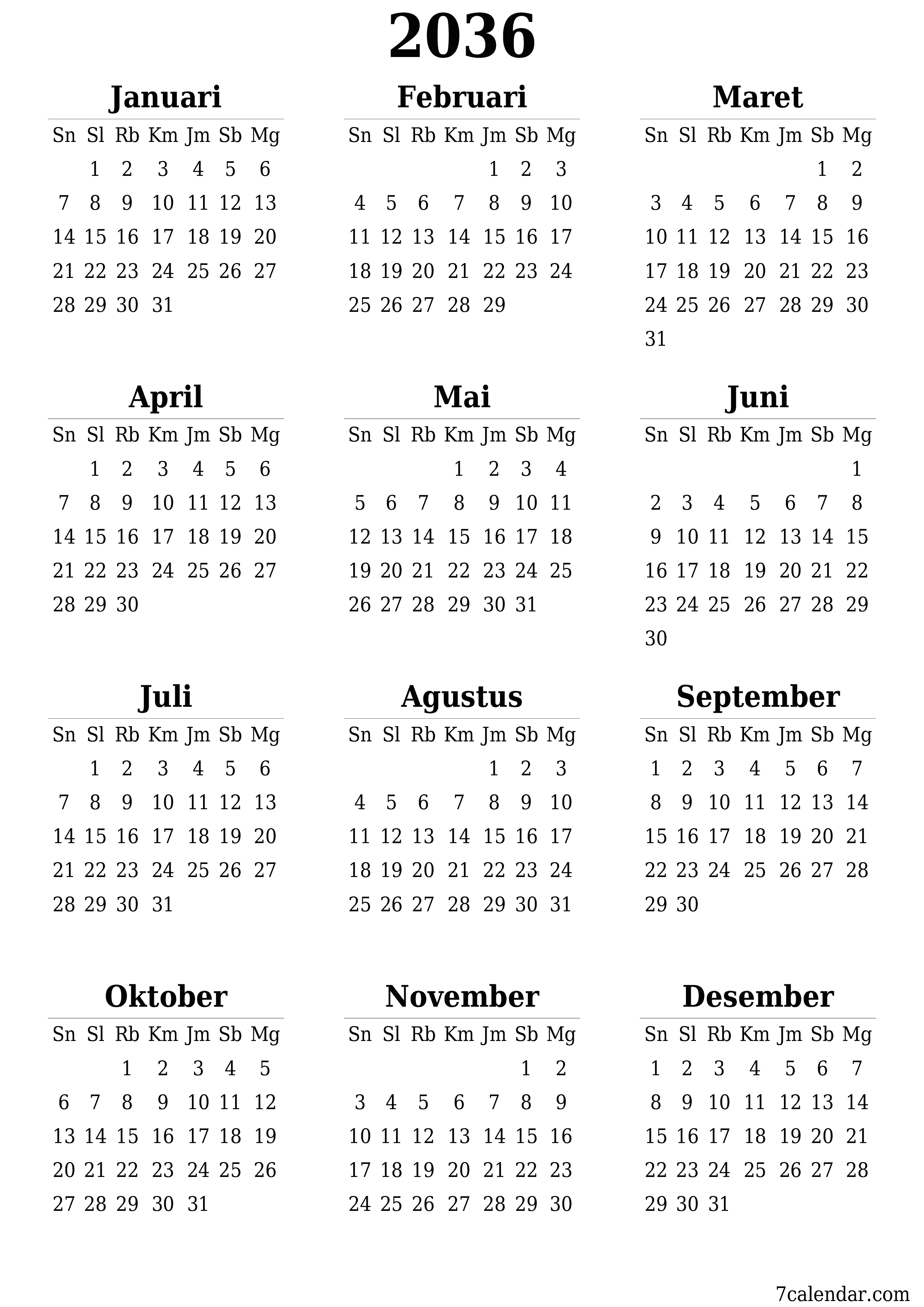 Kosongkan kalender perencana tahunan untuk tahun ini 2036 dengan catatan, simpan dan cetak ke PDF PNG Indonesian