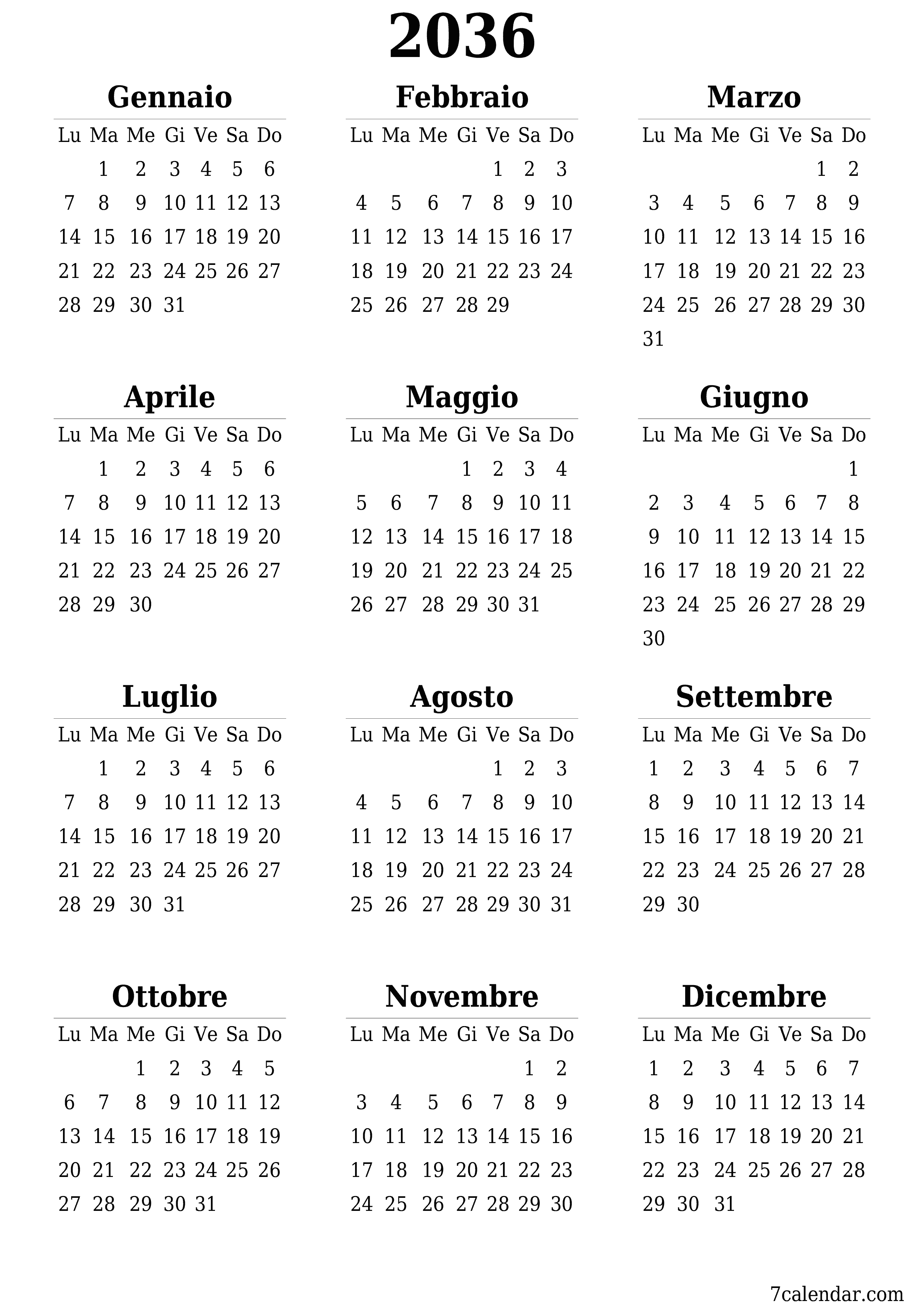  stampabile da parete modello di gratuitoverticale Annuale calendario Giugno (Giu) 2036