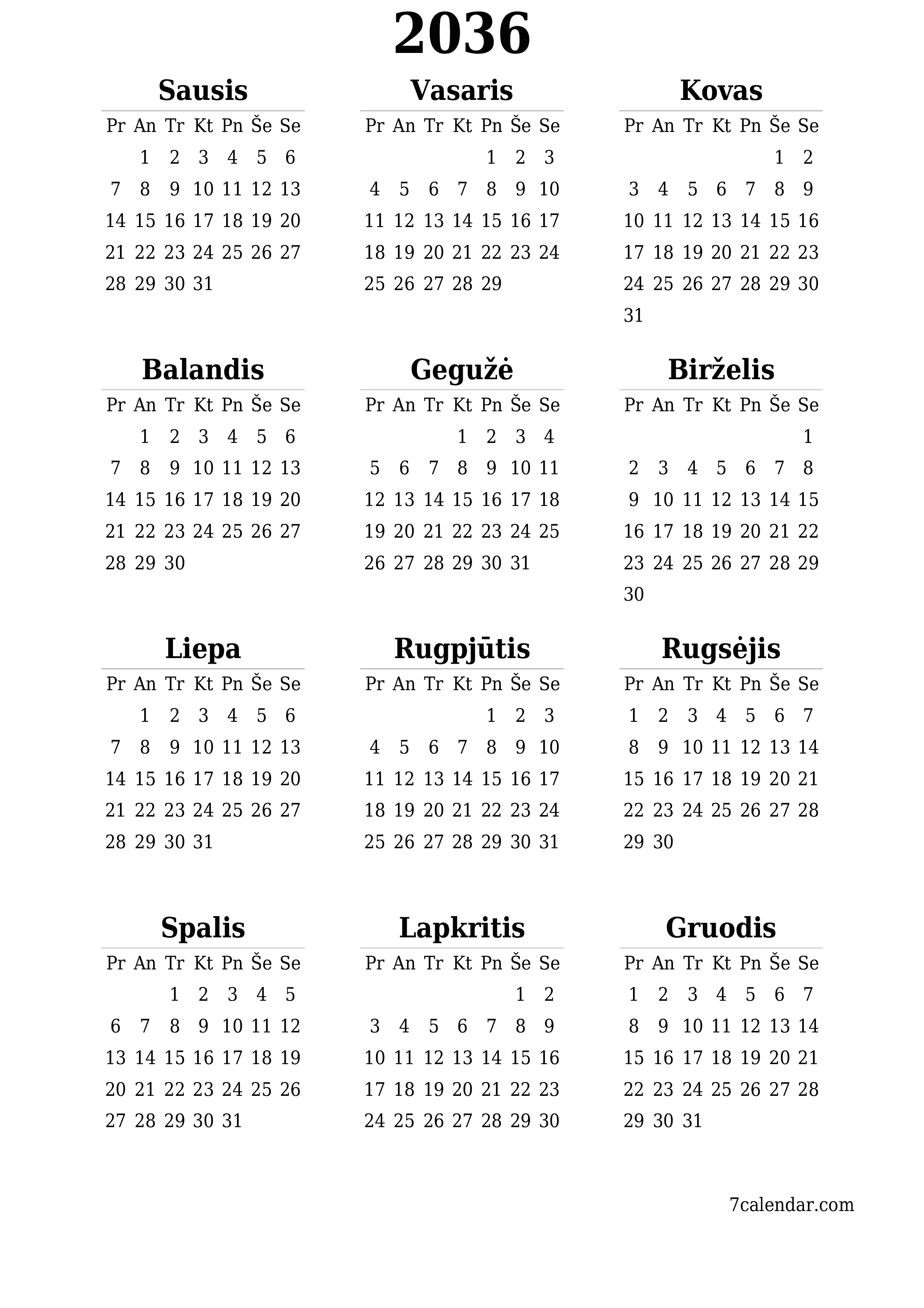 Tuščias metų planavimo kalendorius 2036 su užrašais, išsaugokite ir atsispausdinkite PDF formatu PNG Lithuanian