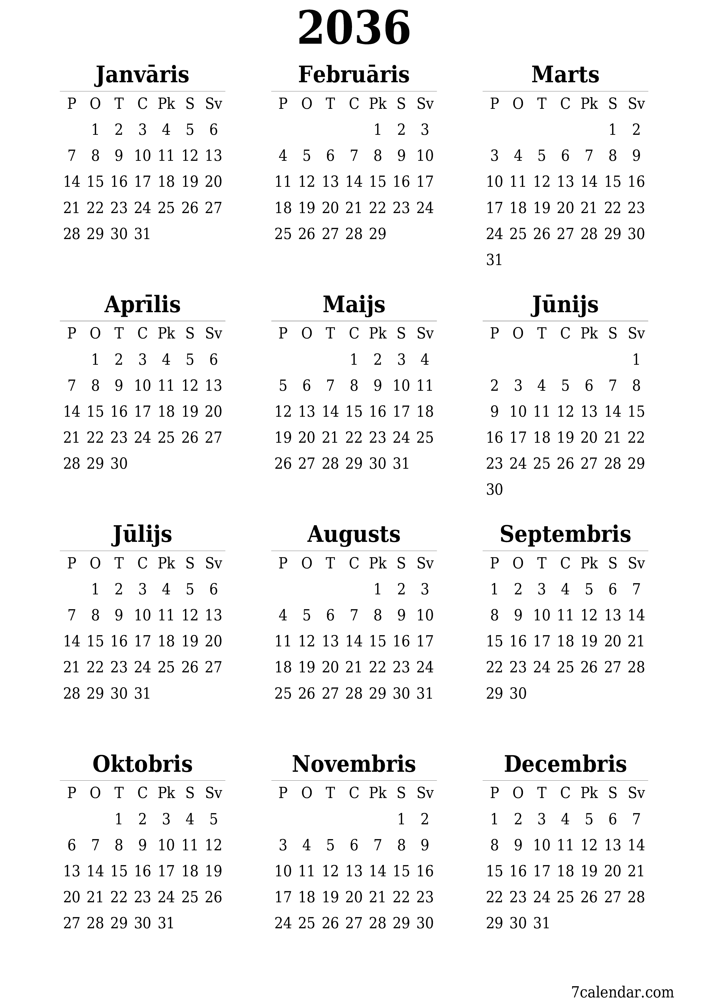 izdrukājams sienas kalendāra veidne bezmaksas vertikāli Gada kalendārs Jūnijs (Jūn) 2036