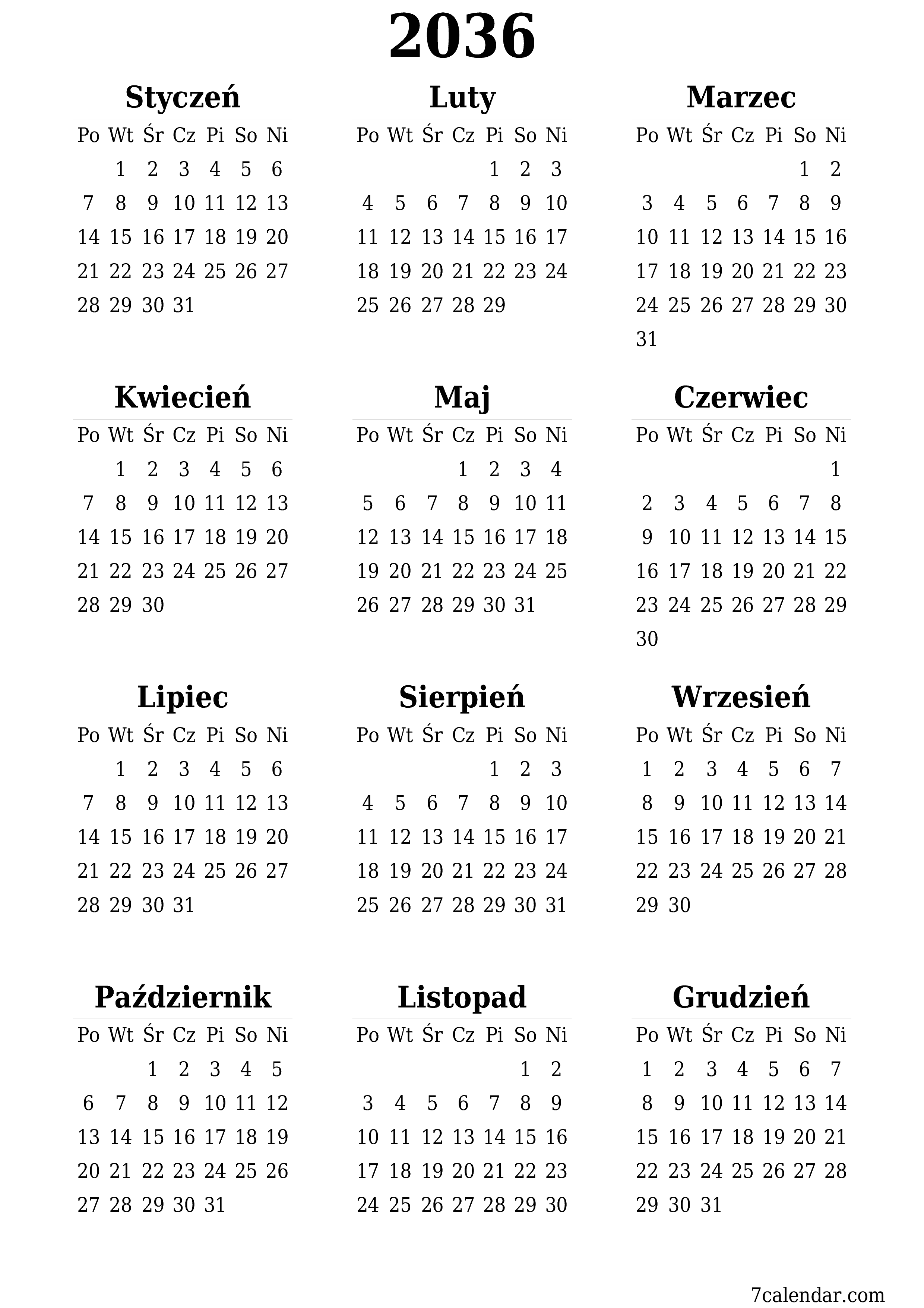  do druku ścienny szablon a darmowy pionowy Roczny kalendarz Czerwiec (Cze) 2036