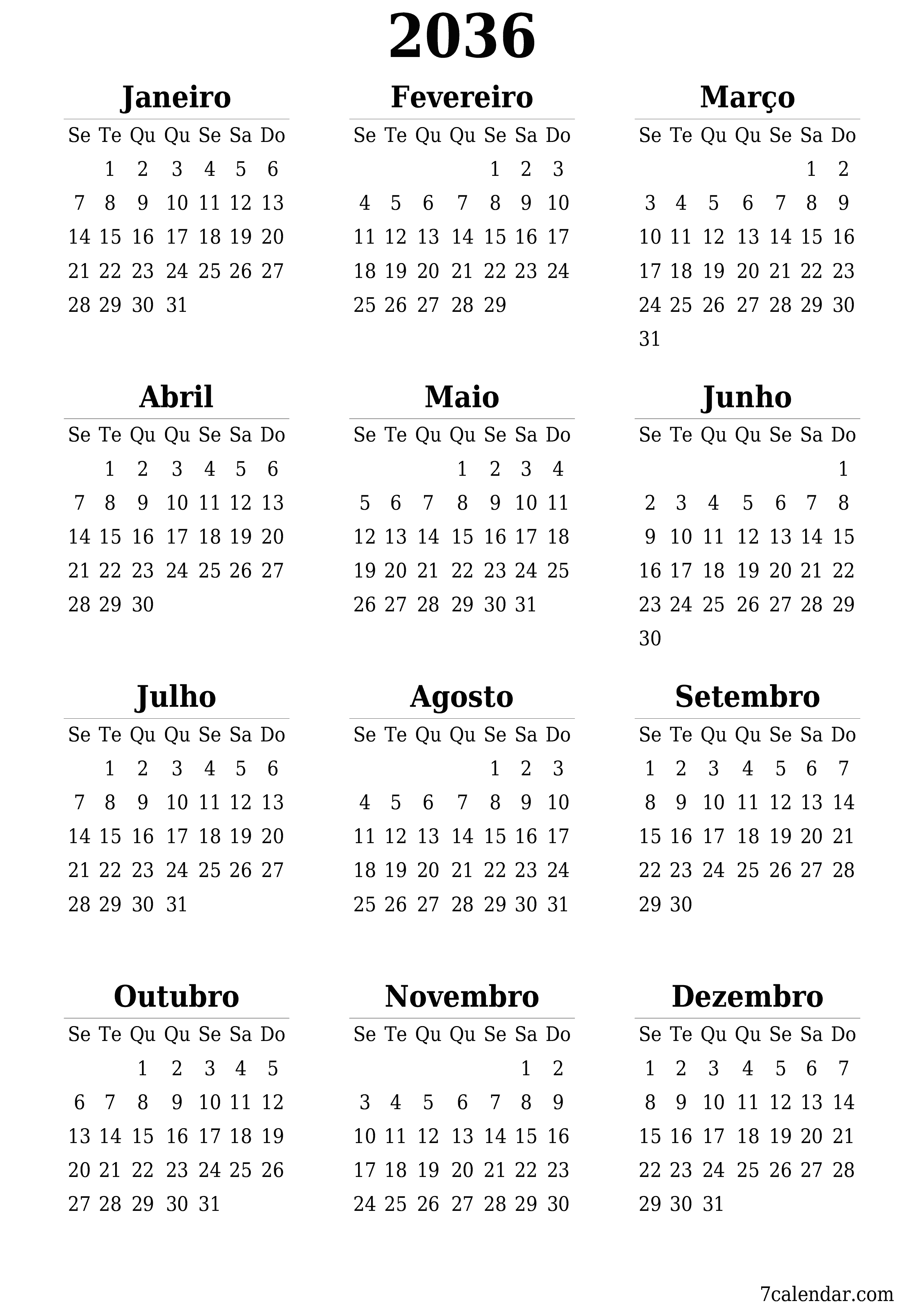 Calendário de planejador anual vazio para o ano 2036 com notas, salve e imprima em PDF PNG Portuguese