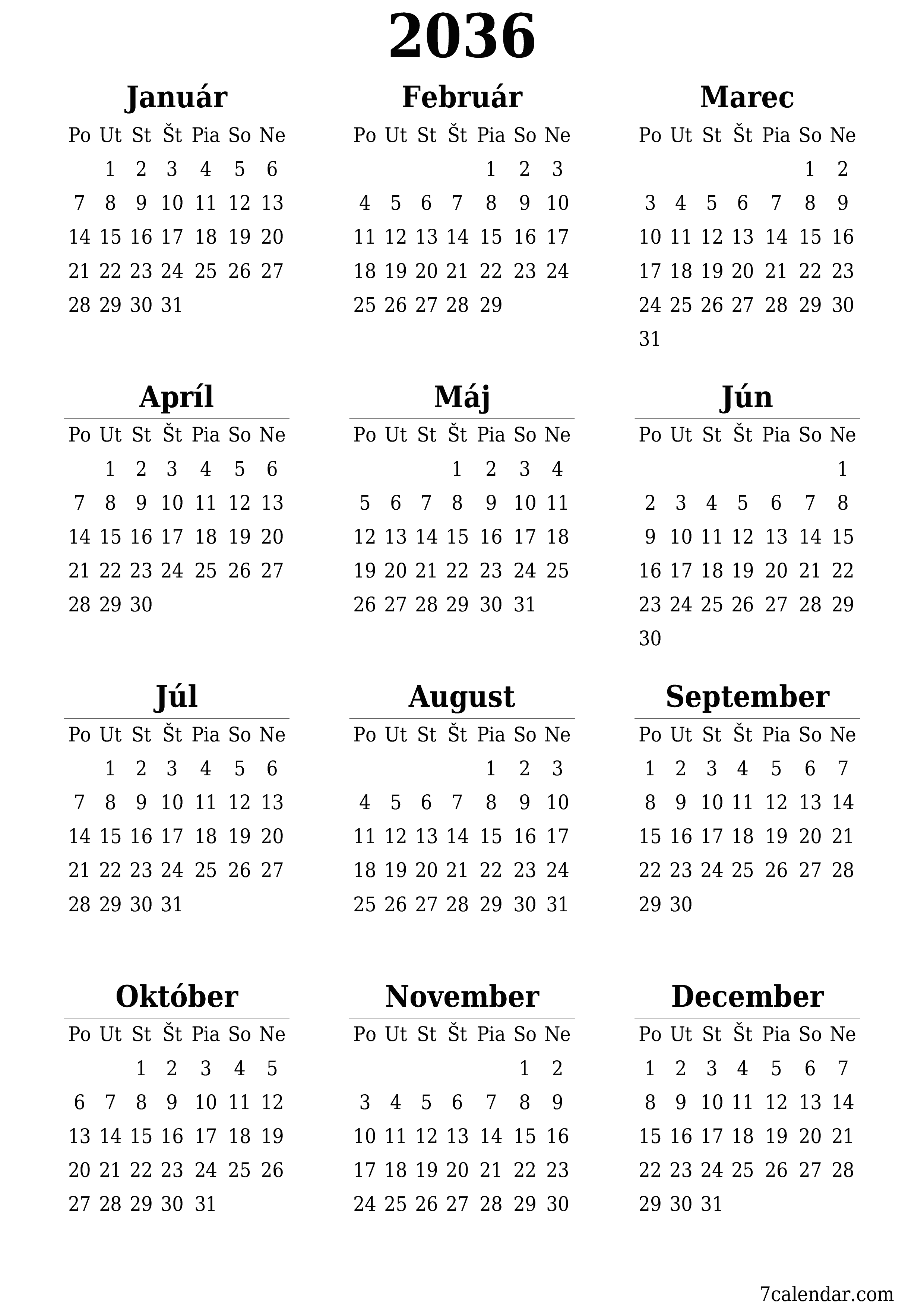 vytlačiteľný nástenný šablóna a bezplatný вертикальный Ročne kalendár Jún (Jún) 2036