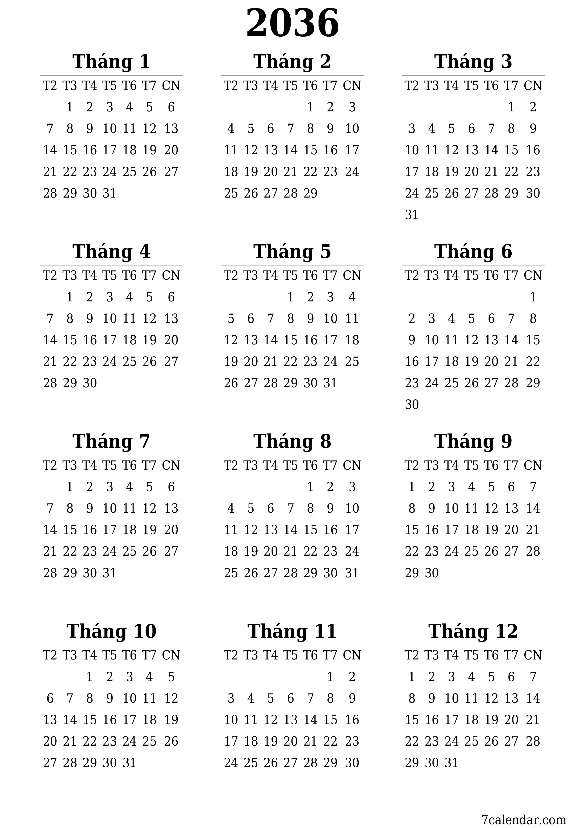  in được treo tường mẫu miễn phíthẳng đứng Hàng năm lịch Tháng 6 (Th6) 2036