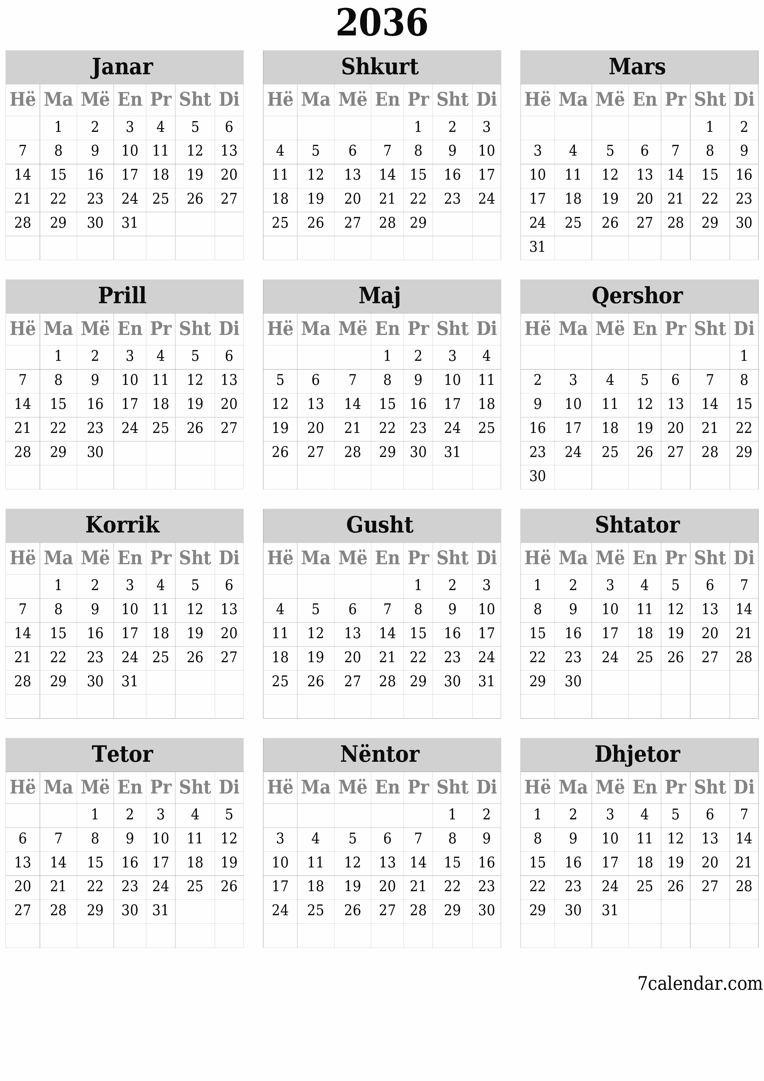  i printueshëm muri shabllon falasvertikale Vjetore kalendar Qershor (Qer) 2036