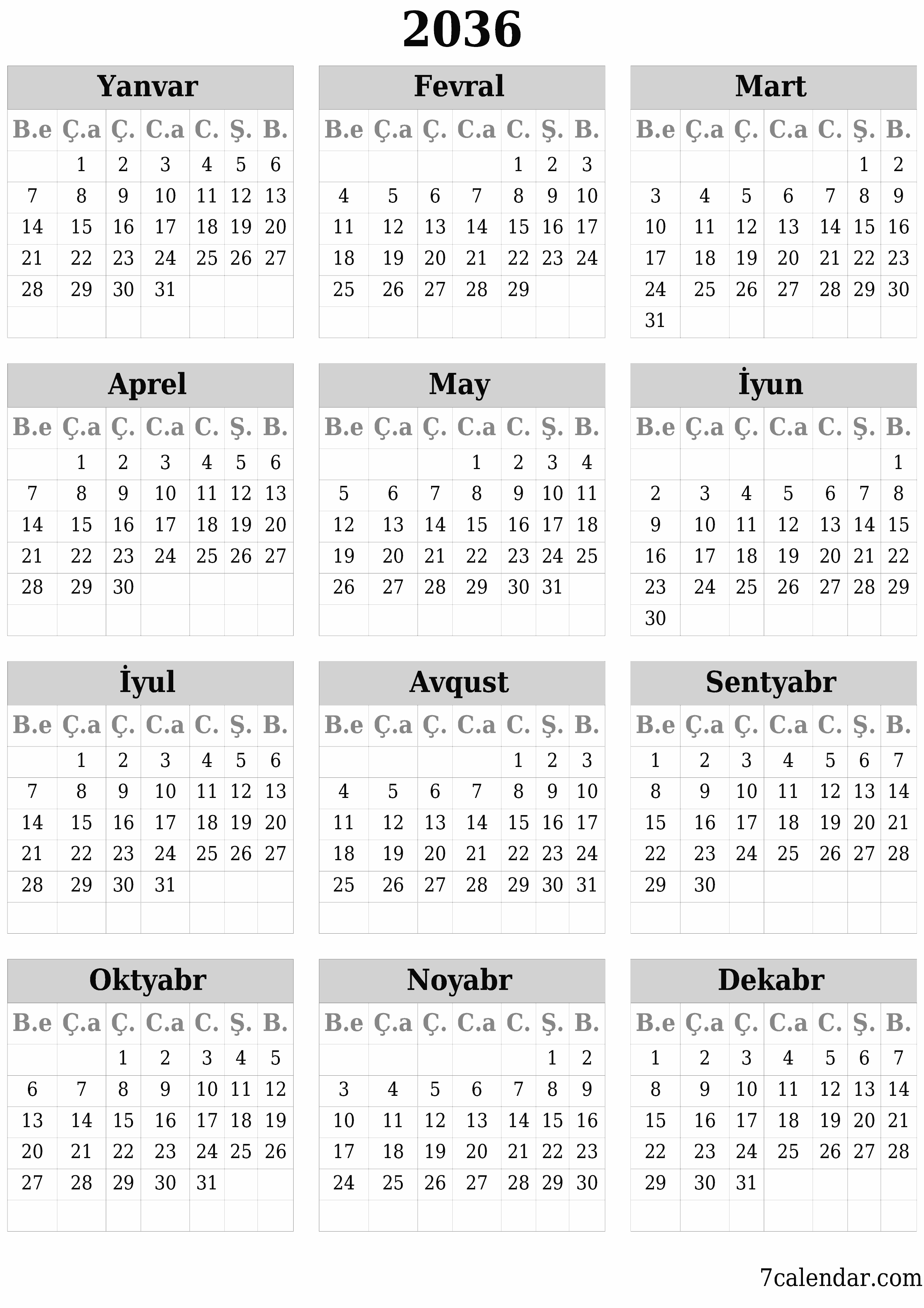 2036 ili üçün illik illik planlayıcı təqvim, qeydlər ilə boş saxlayın, qeyd edin və PDF-ə yazdırın PNG Azerbaijani