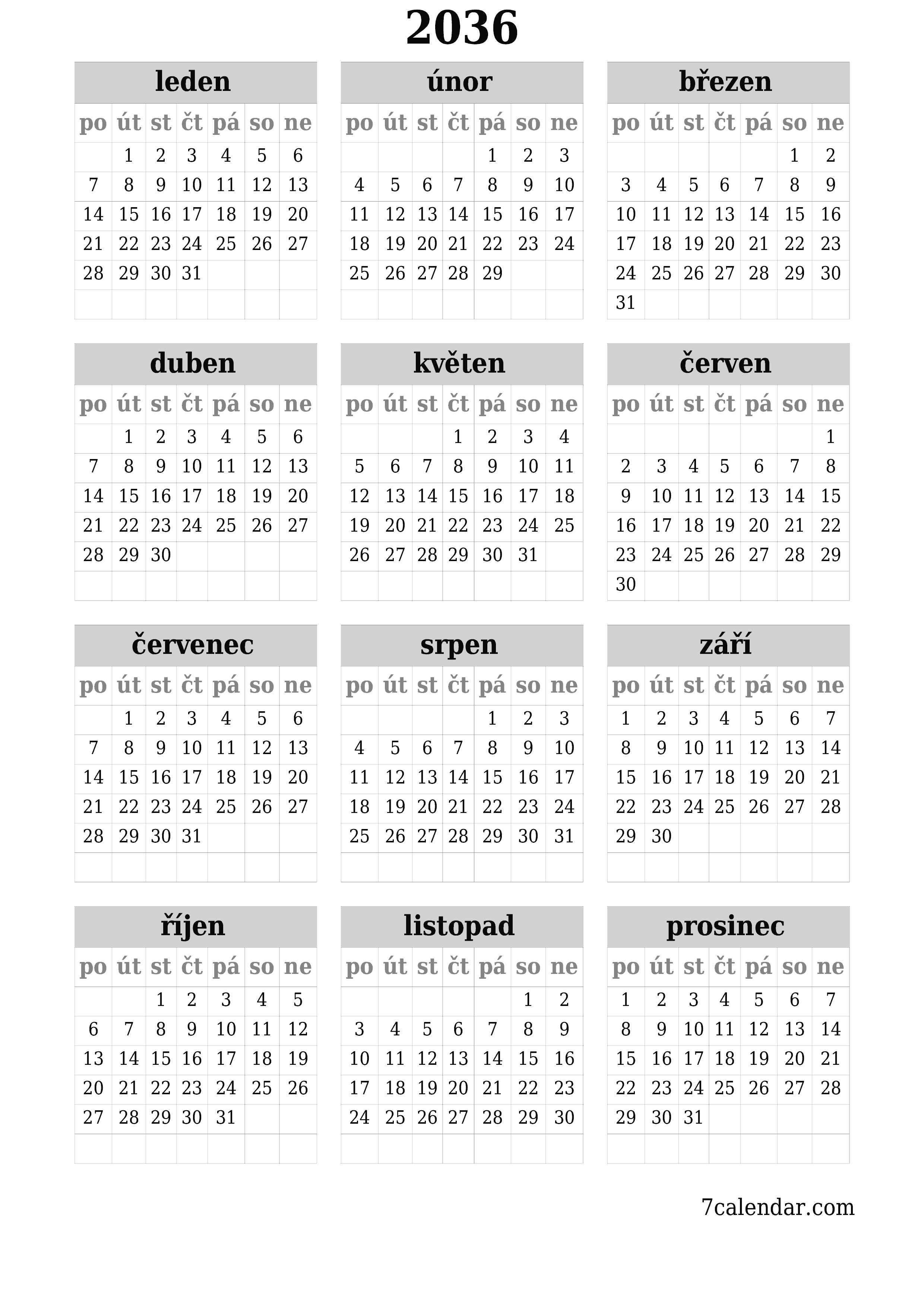  pro tisk nástěnný šablona e zdarmavertikální Roční kalendář červen (čvn) 2036