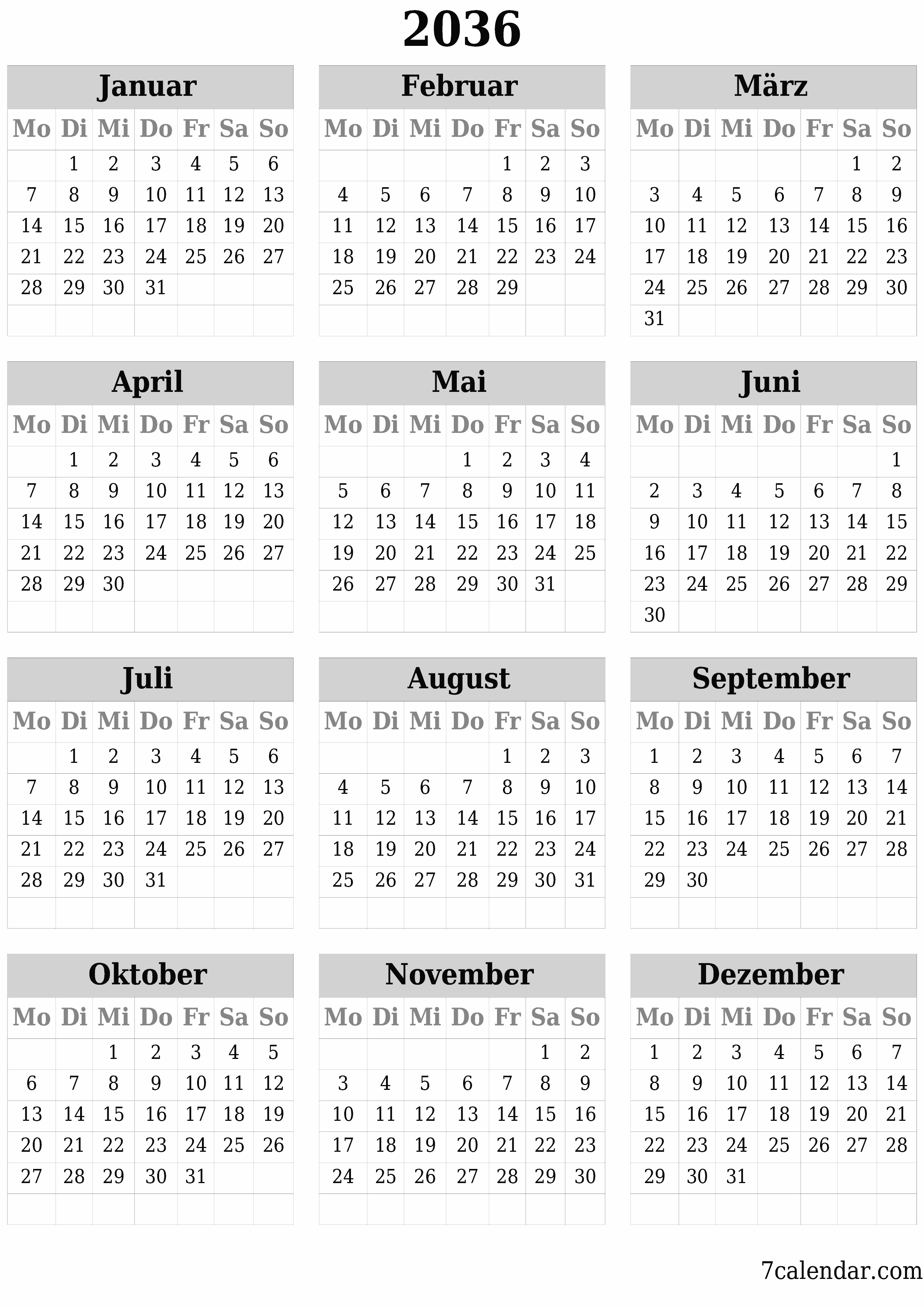 Jahresplanerkalender für das Jahr 2036 mit Notizen leeren, speichern und als PDF PNG German - 7calendar.com drucken