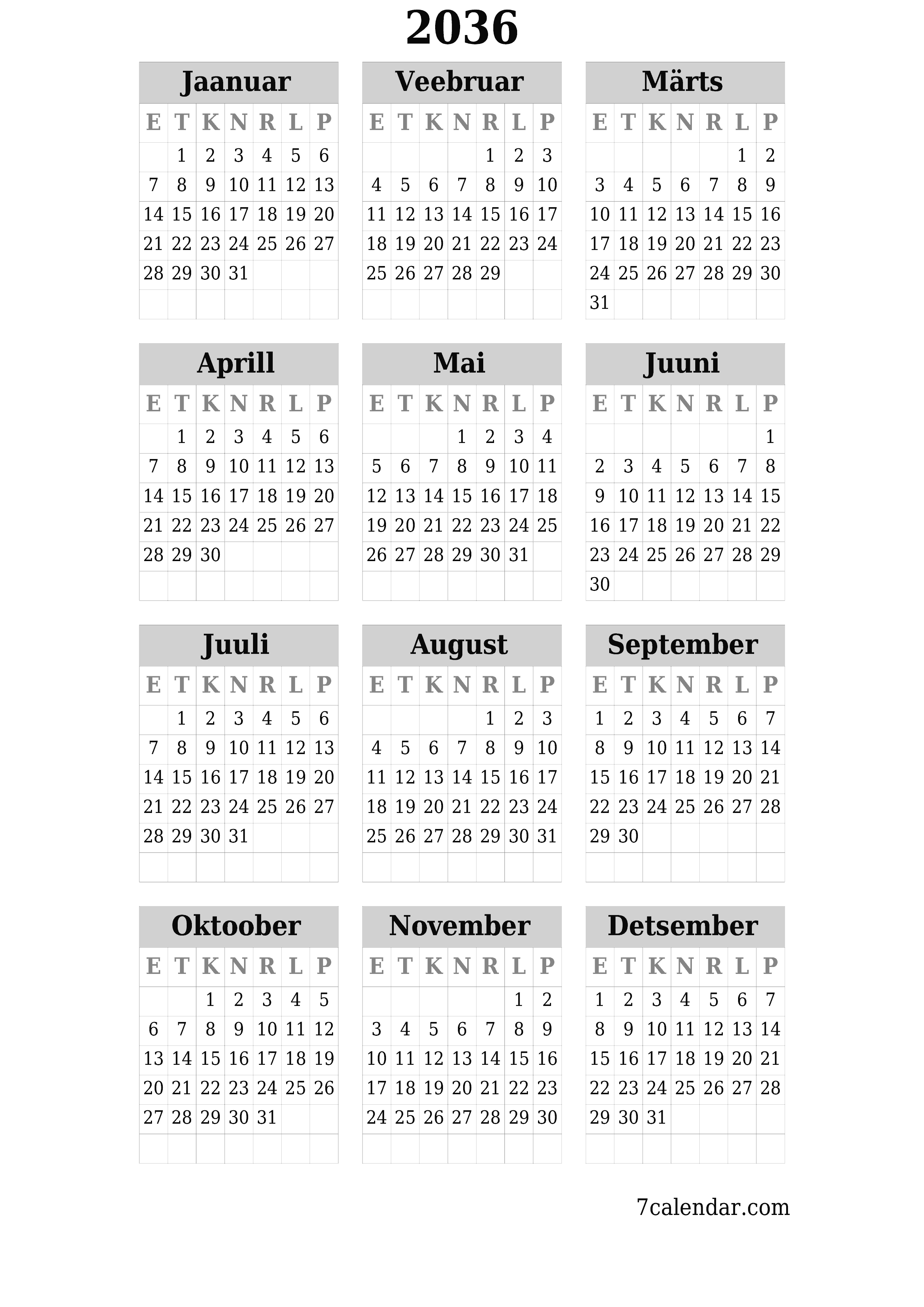 Tühi aasta planeerija kalender aastaks 2036 koos märkmetega, salvestage ja printige PDF-i PNG Estonian