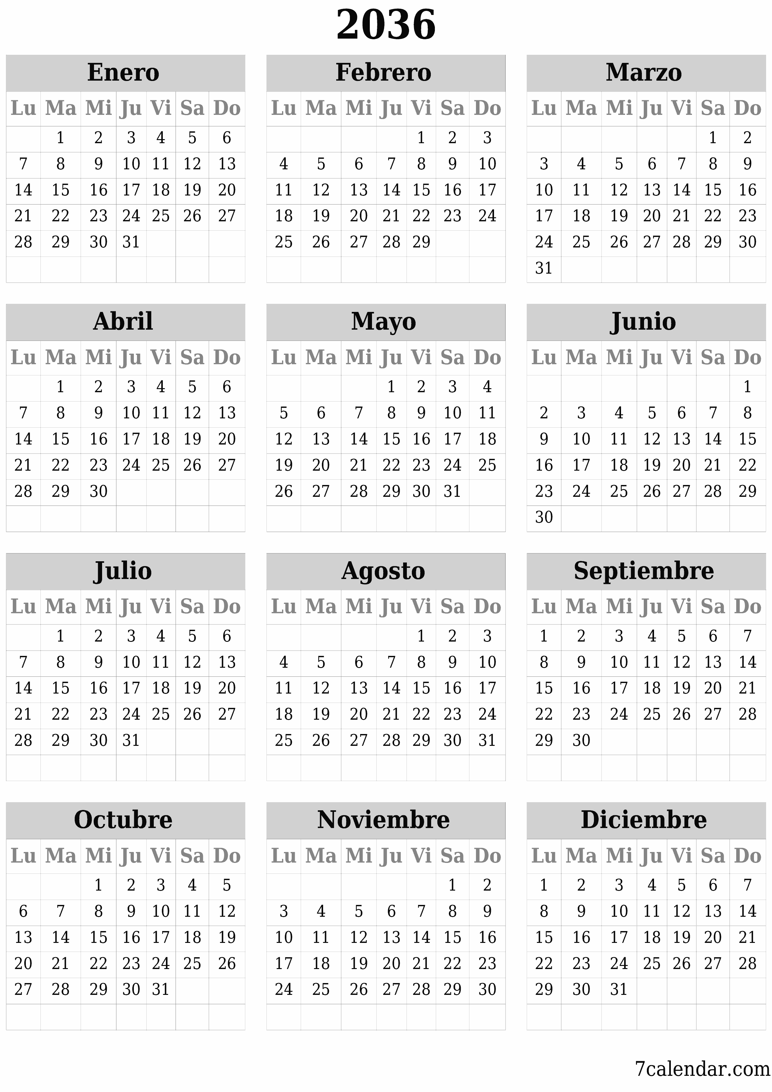 Calendario planificador anual vacío para el año 2036 con notas, guardar e imprimir en PDF PNG Spanish