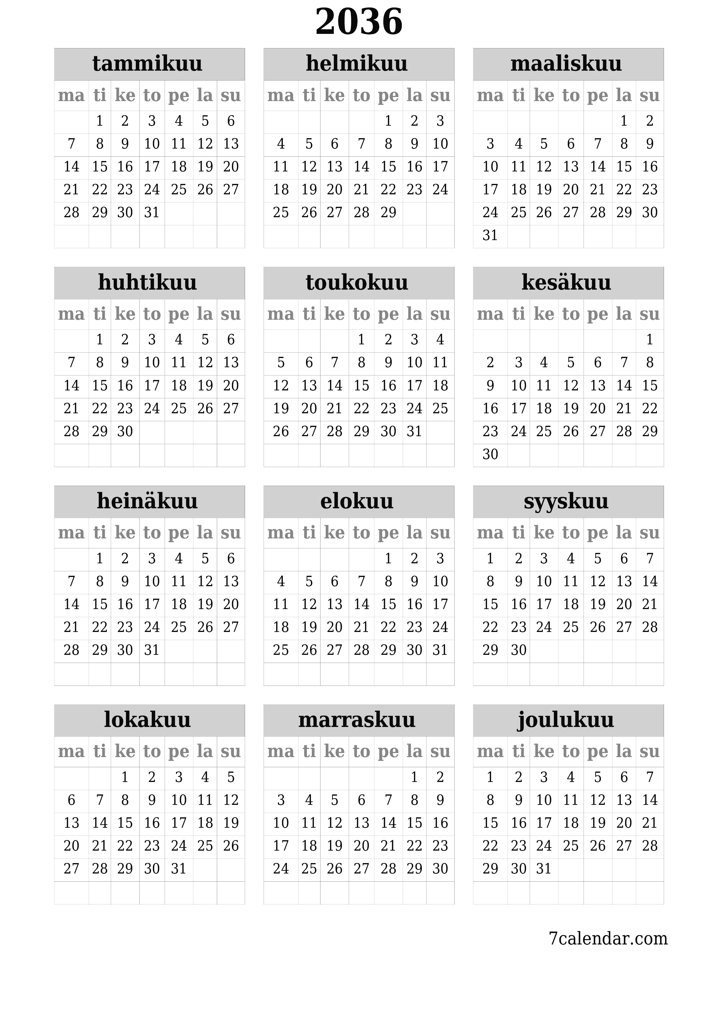 Tyhjä vuosisuunnittelukalenteri vuodelle 2036 muistiinpanoilla, tallenna ja tulosta PDF-muotoon PNG Finnish