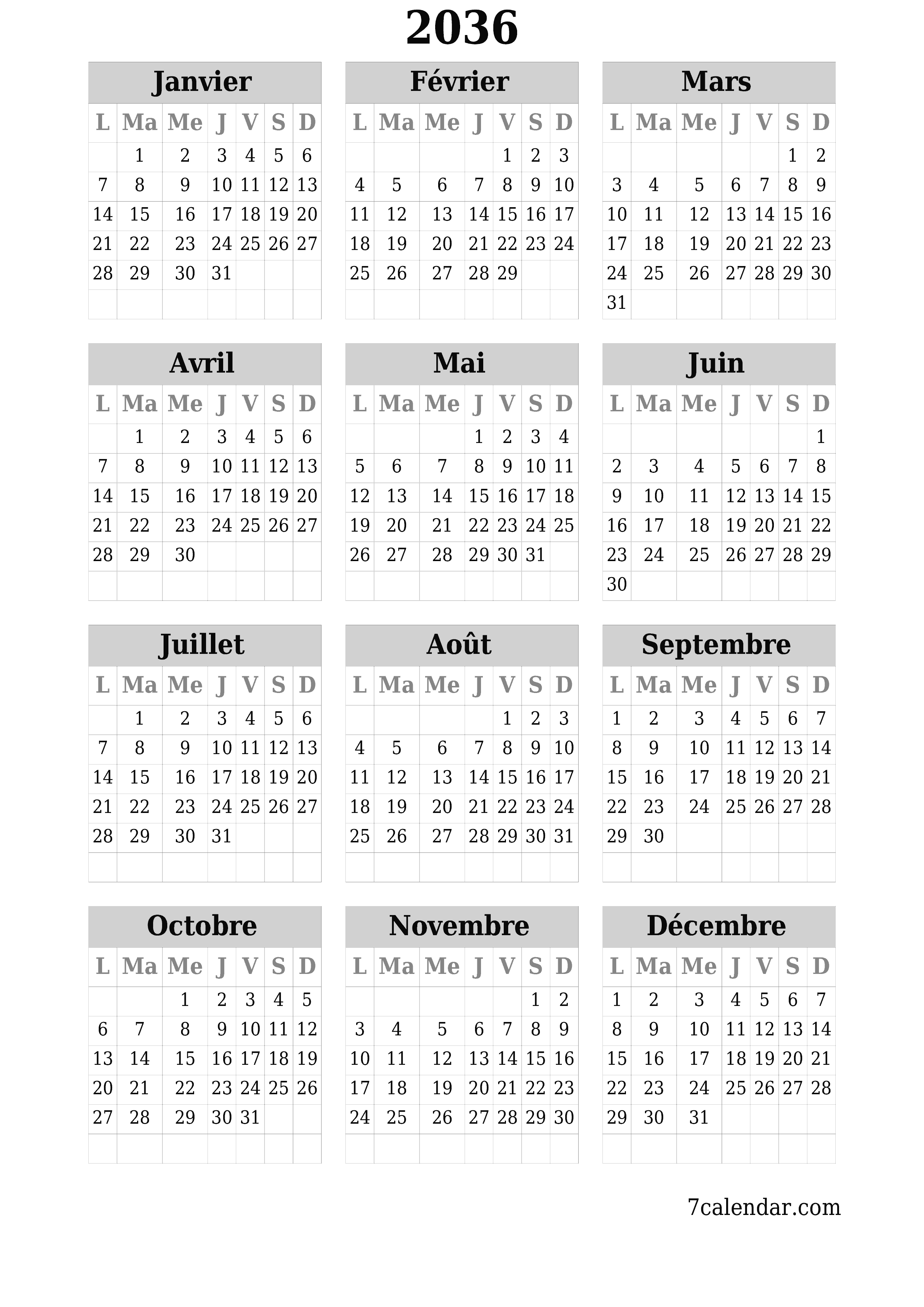 Calendrier annuel vide pour l'année 2036 avec notes, enregistrer et imprimer au format PDF PNG French