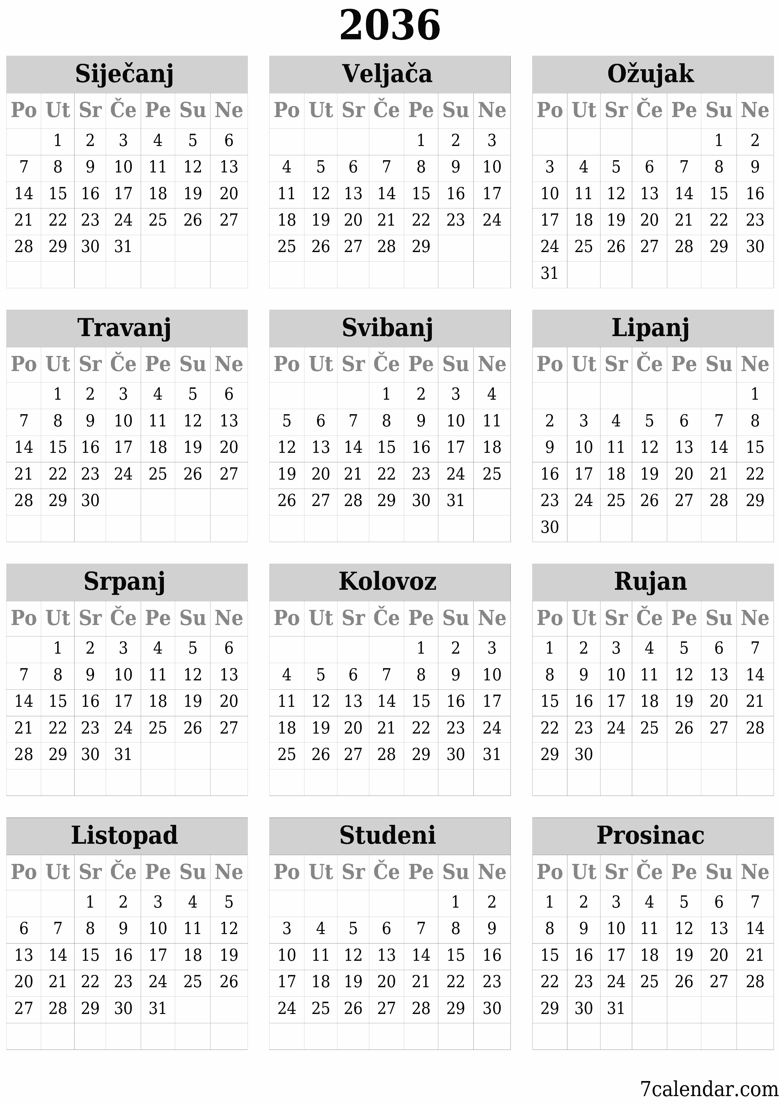 Ispraznite godišnji kalendar planera za godinu 2036 s bilješkama, spremite i ispišite u PDF PNG Croatian