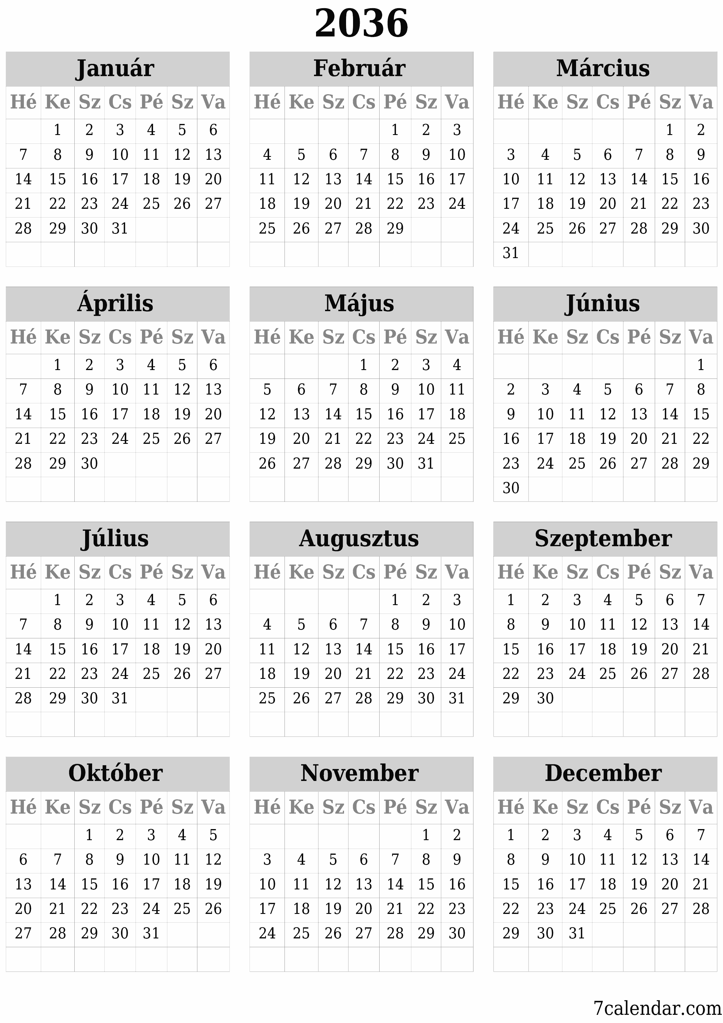 nyomtatható fali sablon ingyenes függőleges Éves naptár Június (Jún) 2036