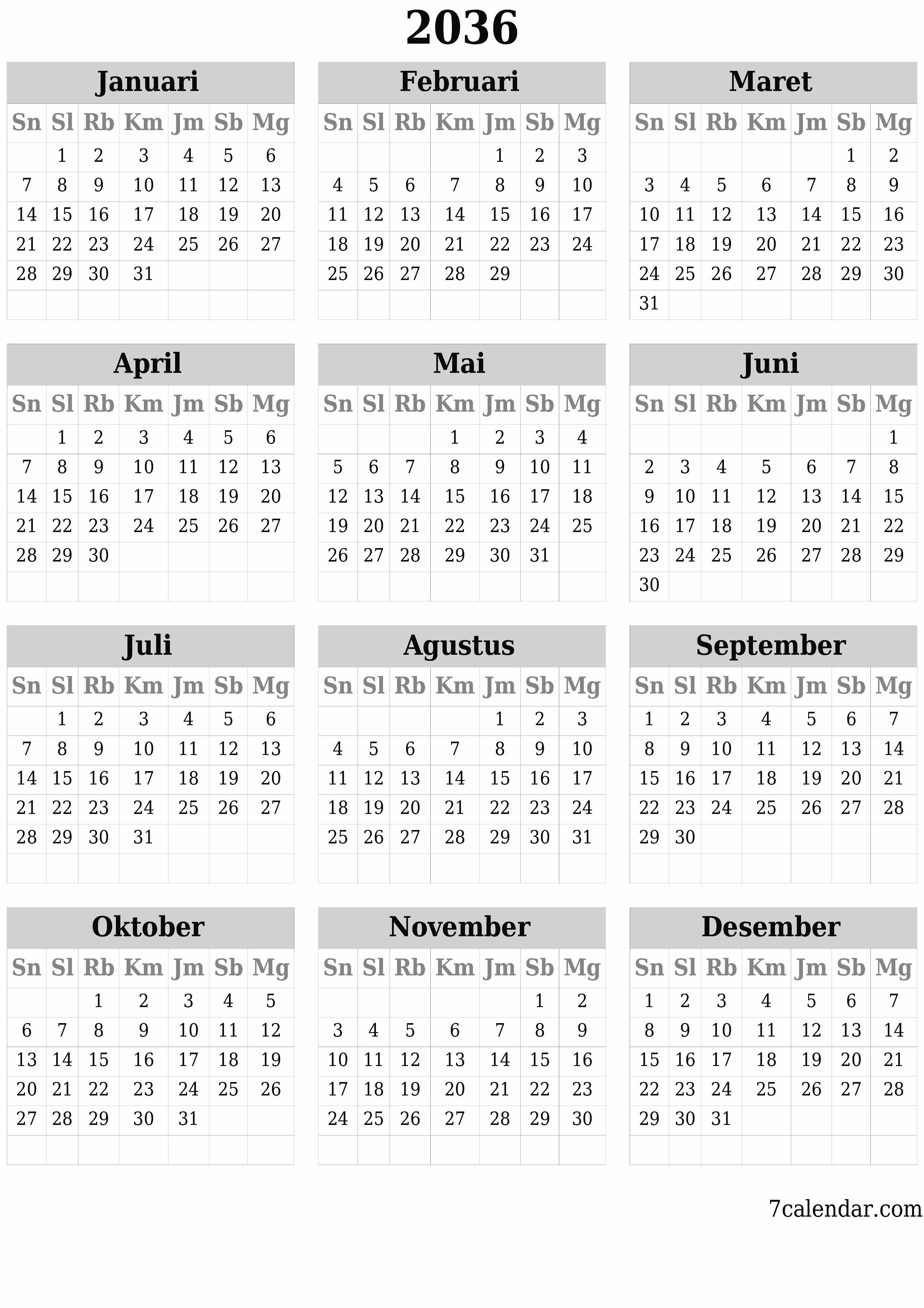 Kosongkan kalender perencana tahunan untuk tahun ini 2036 dengan catatan, simpan dan cetak ke PDF PNG Indonesian