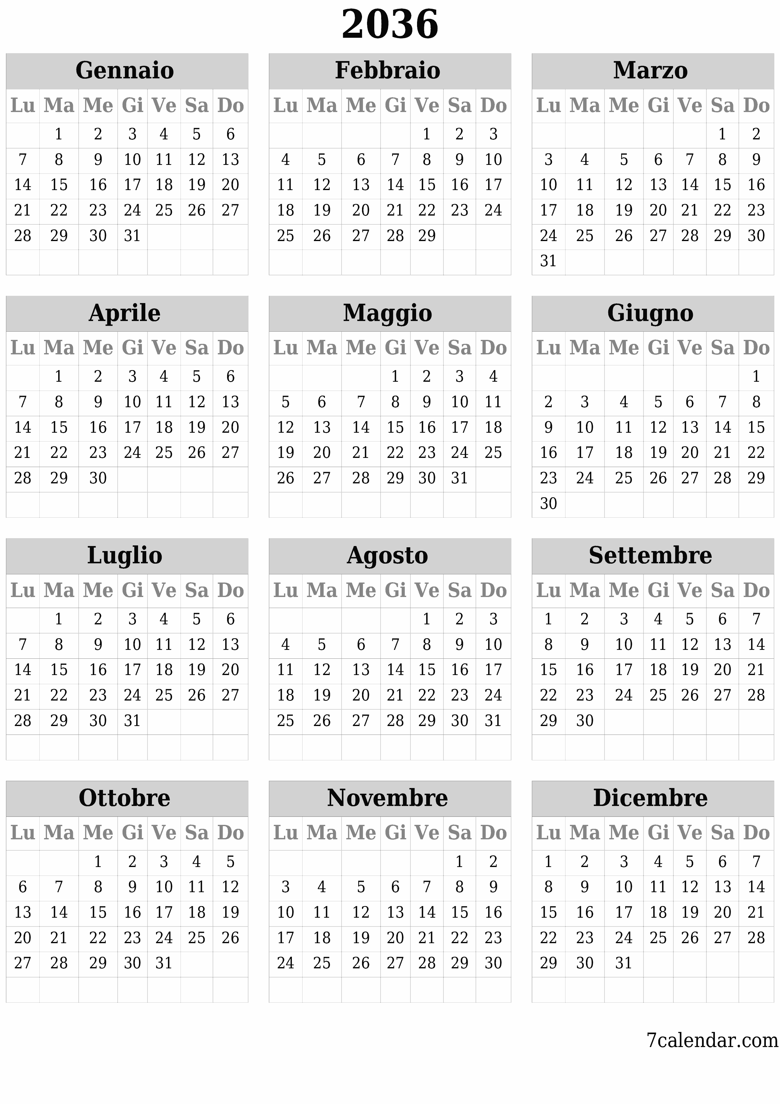  stampabile da parete modello di gratuitoverticale Annuale calendario Giugno (Giu) 2036