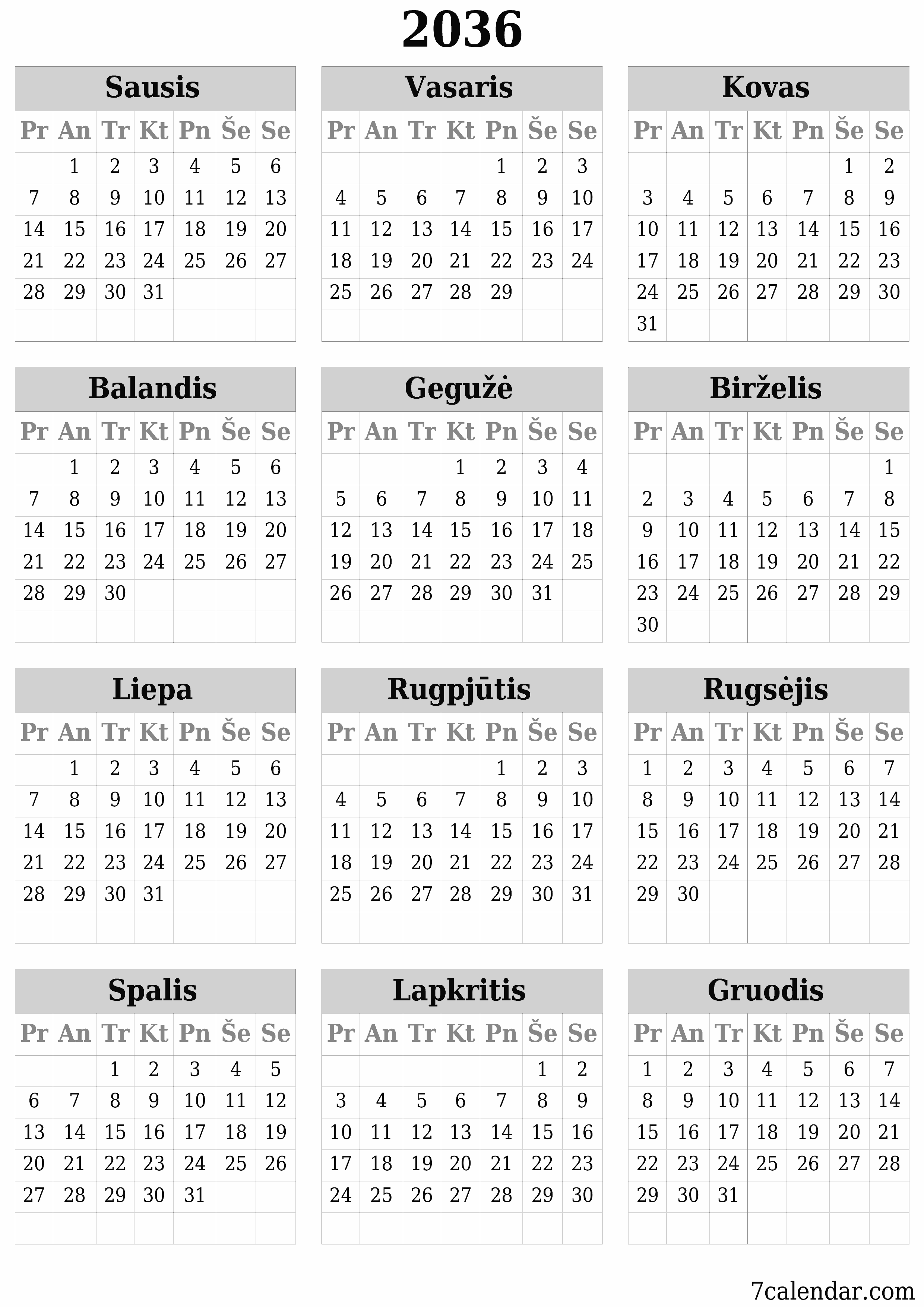 Tuščias metų planavimo kalendorius 2036 su užrašais, išsaugokite ir atsispausdinkite PDF formatu PNG Lithuanian