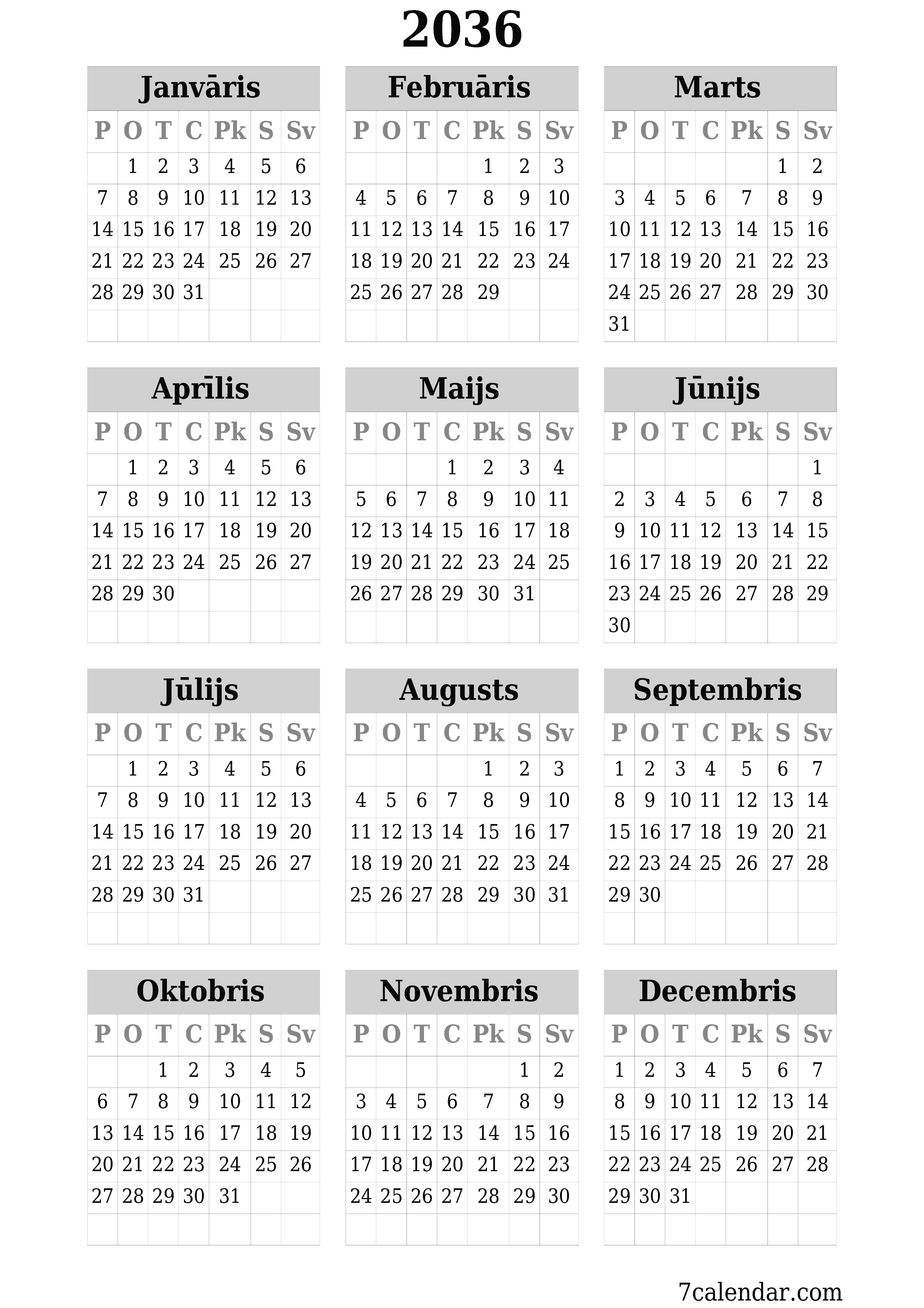 izdrukājams sienas kalendāra veidne bezmaksas vertikāli Gada kalendārs Jūnijs (Jūn) 2036