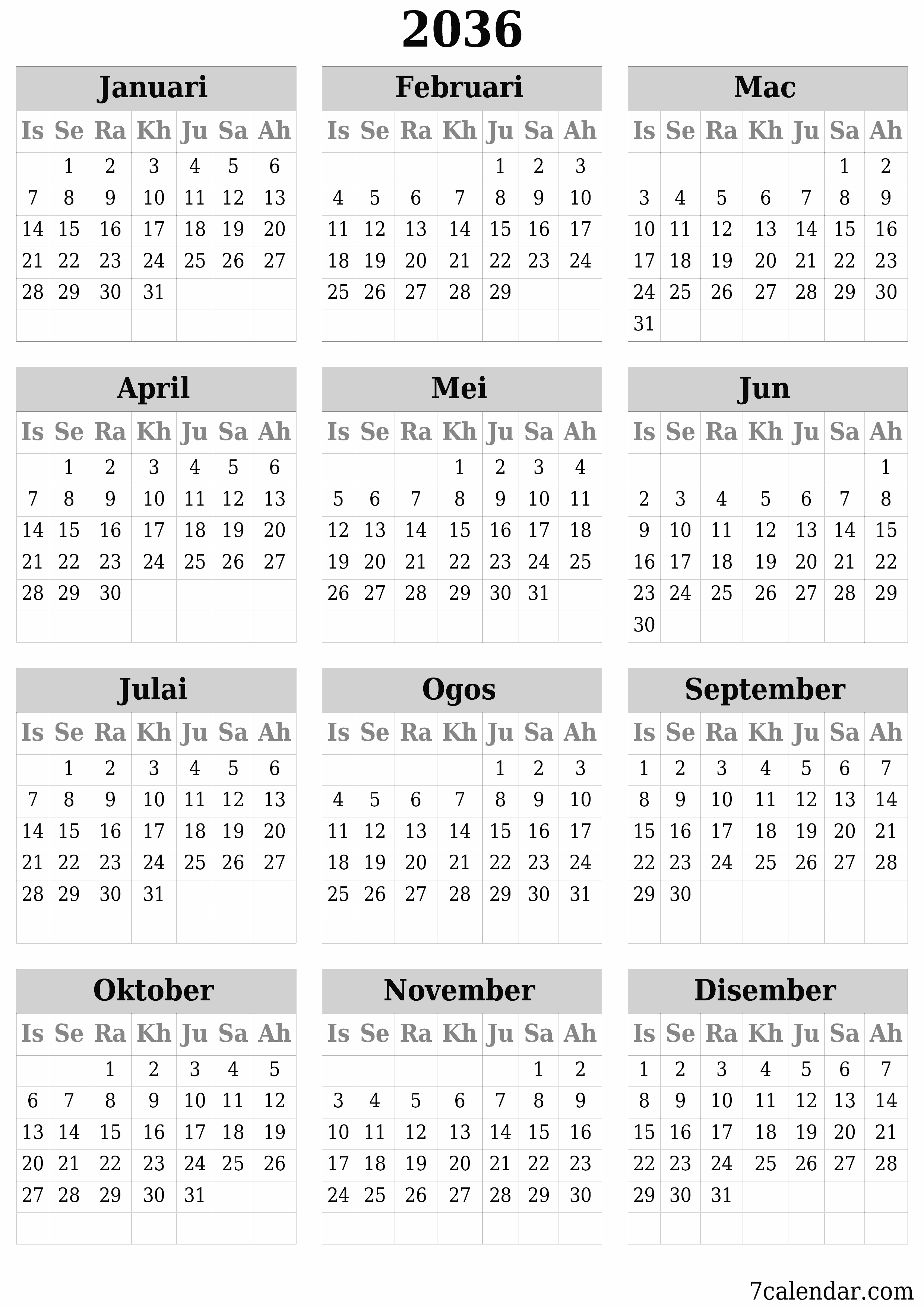 Kalendar perancang tahunan kosong untuk tahun ini 2036 dengan nota, simpan dan cetak ke PDF PNG Malay